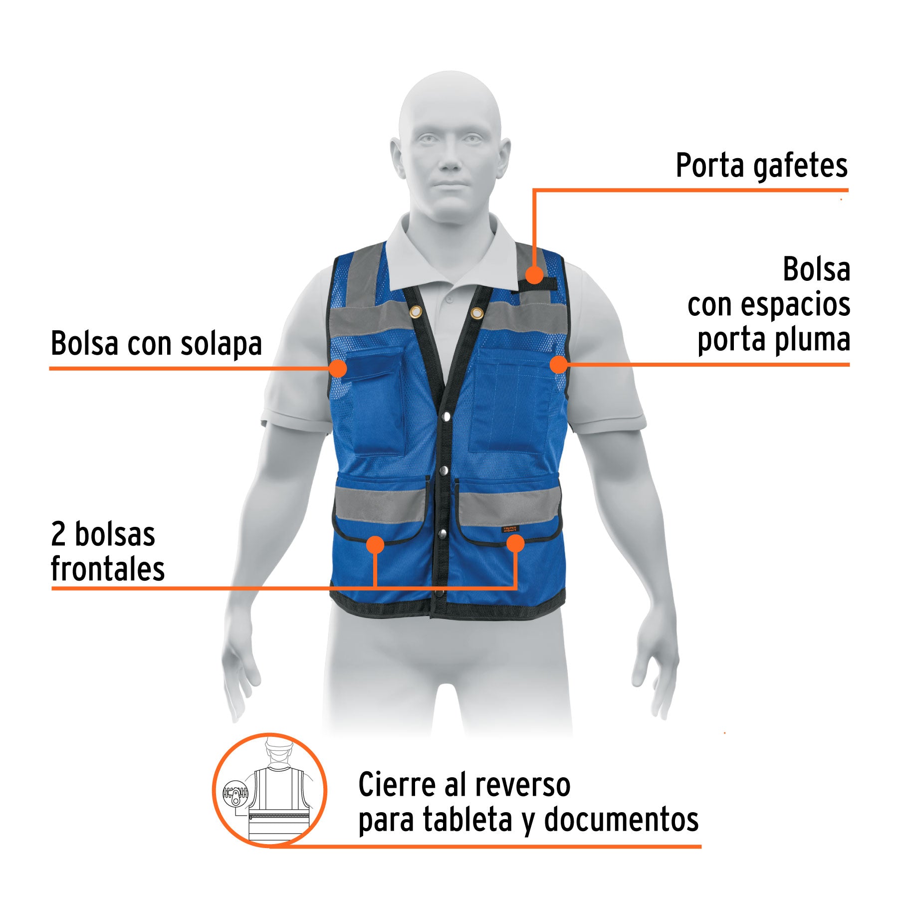 Chaleco seguridad reforzado azul con bolsas, EG, EXPERT
