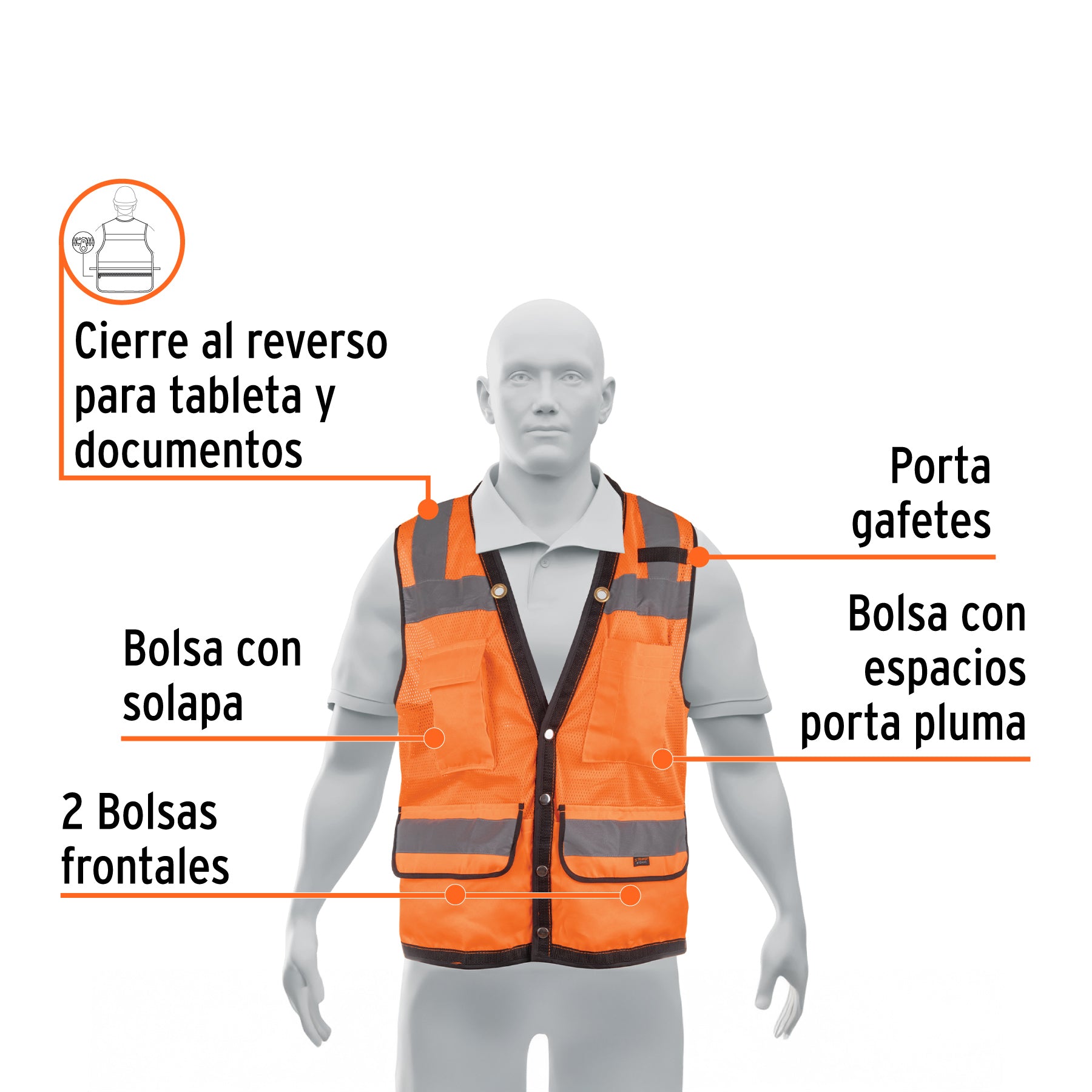 Chaleco de seguridad reforzado, con bolsas, naranja, grande