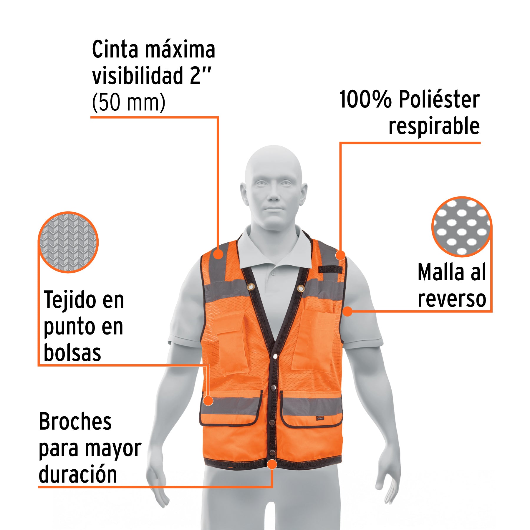 Chaleco de seguridad reforzado, con bolsas, naranja, mediano