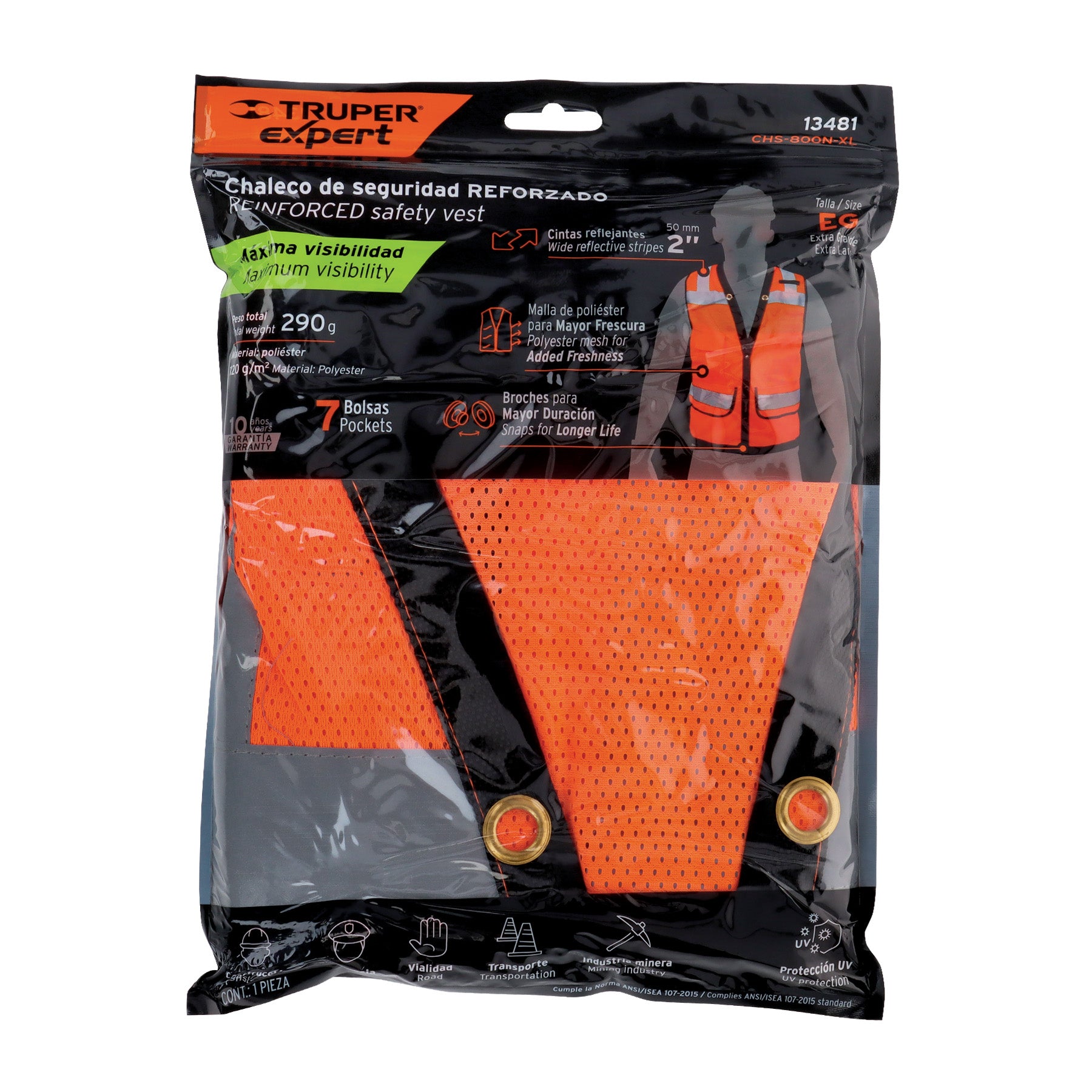 Chaleco seguridad reforzado, c/bolsas, naranja, extra grande