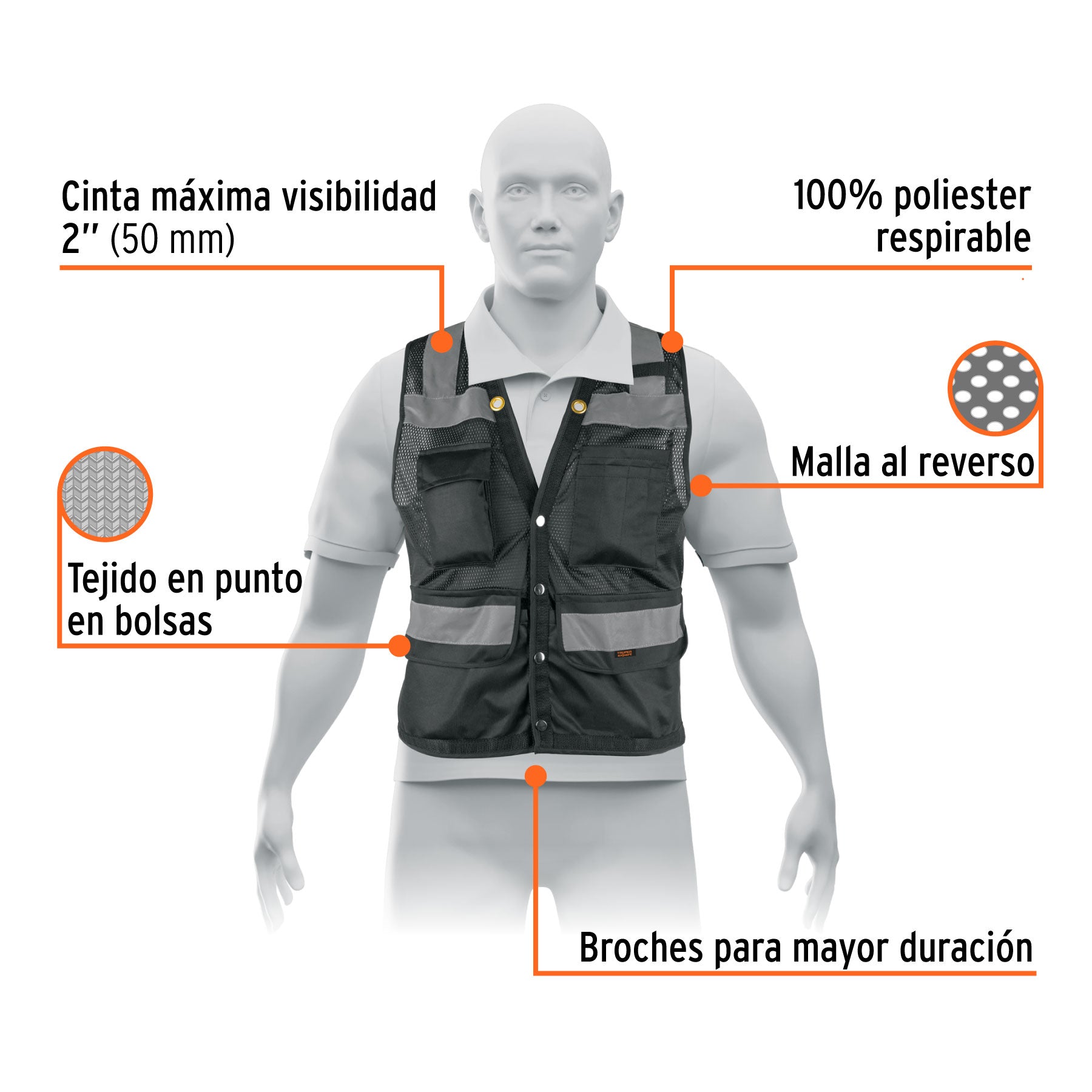 Chaleco seguridad reforzado negro con bolsas, G, EXPERT