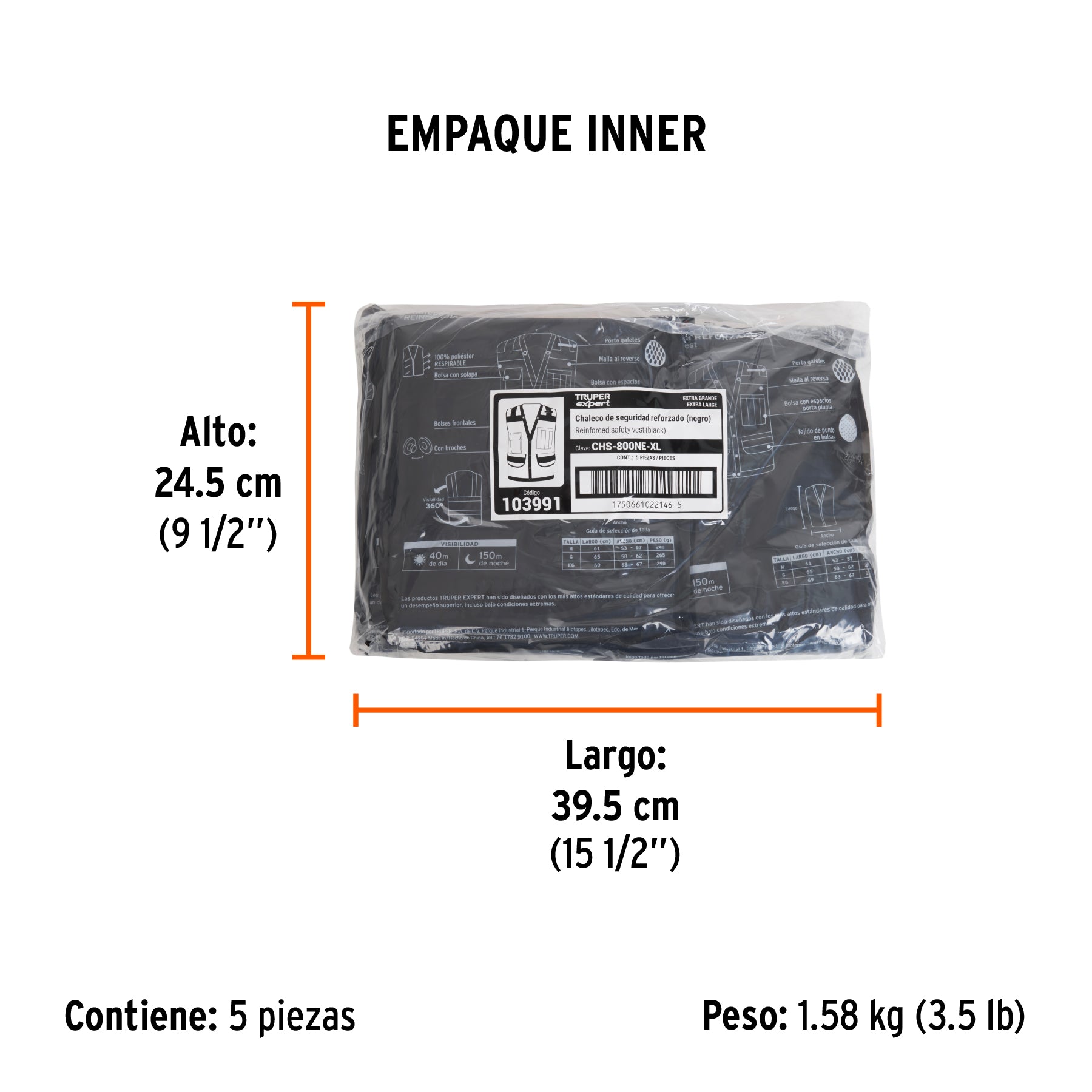 Chaleco seguridad reforzado negro con bolsas, EG, EXPERT