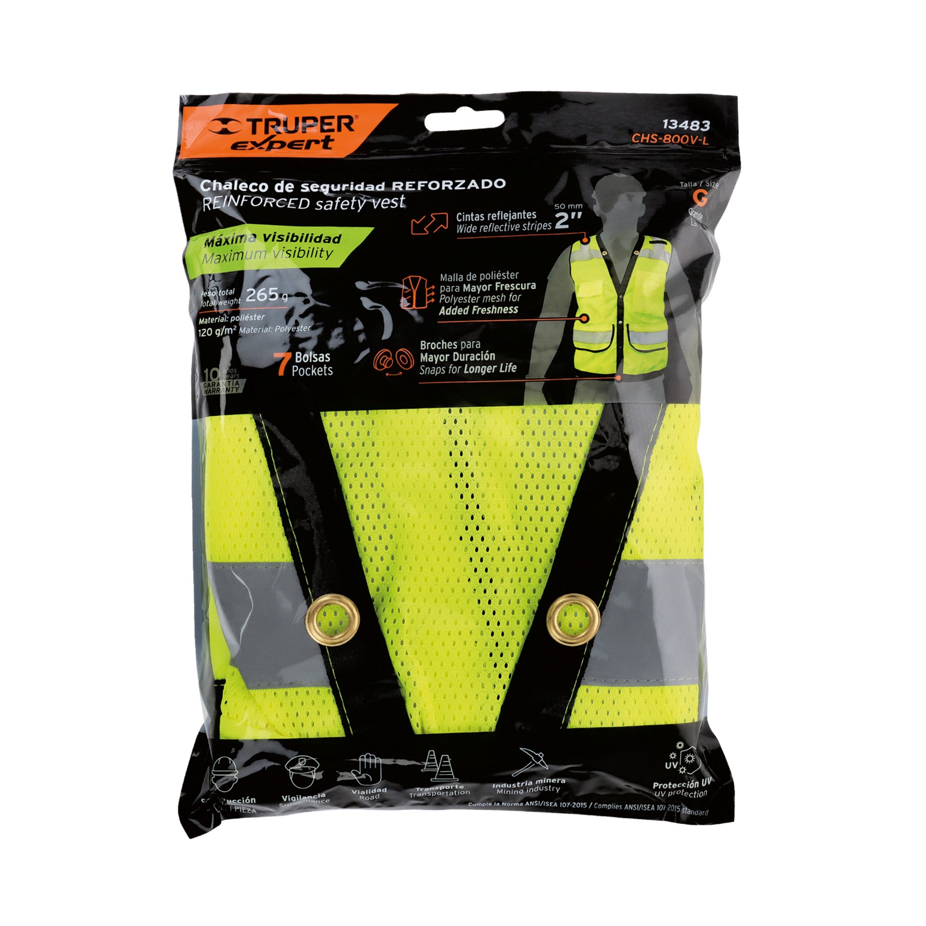 Chaleco de seguridad reforzado, con bolsas, verde, grande