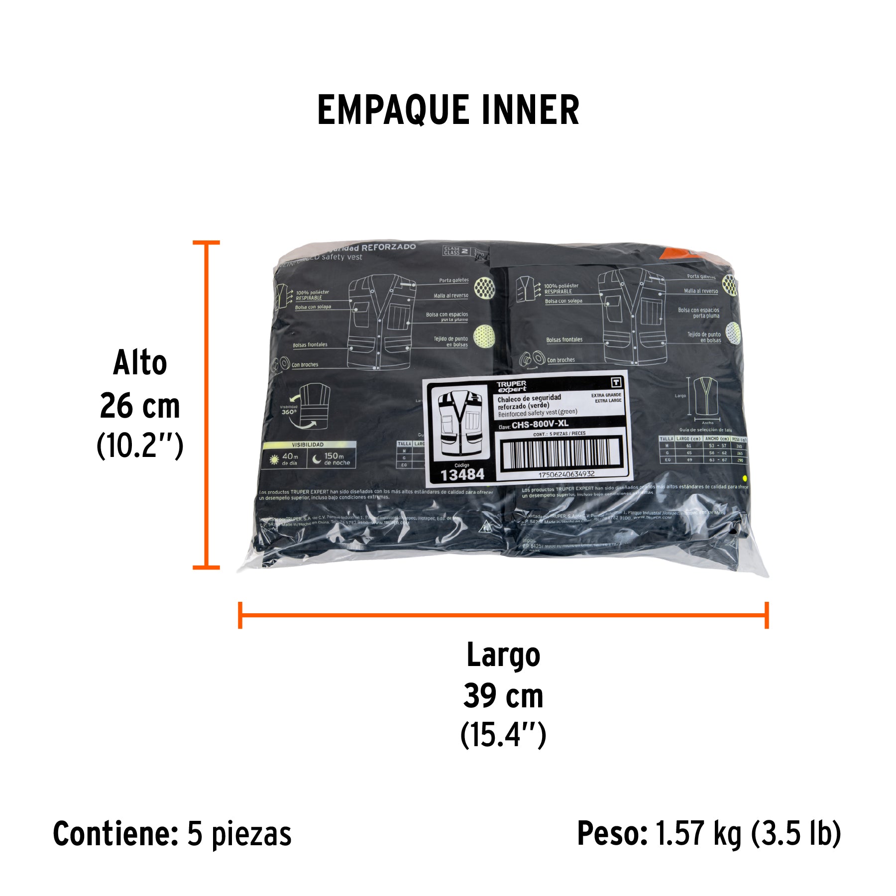 Chaleco seguridad reforzado, con bolsas, verde, extra grande