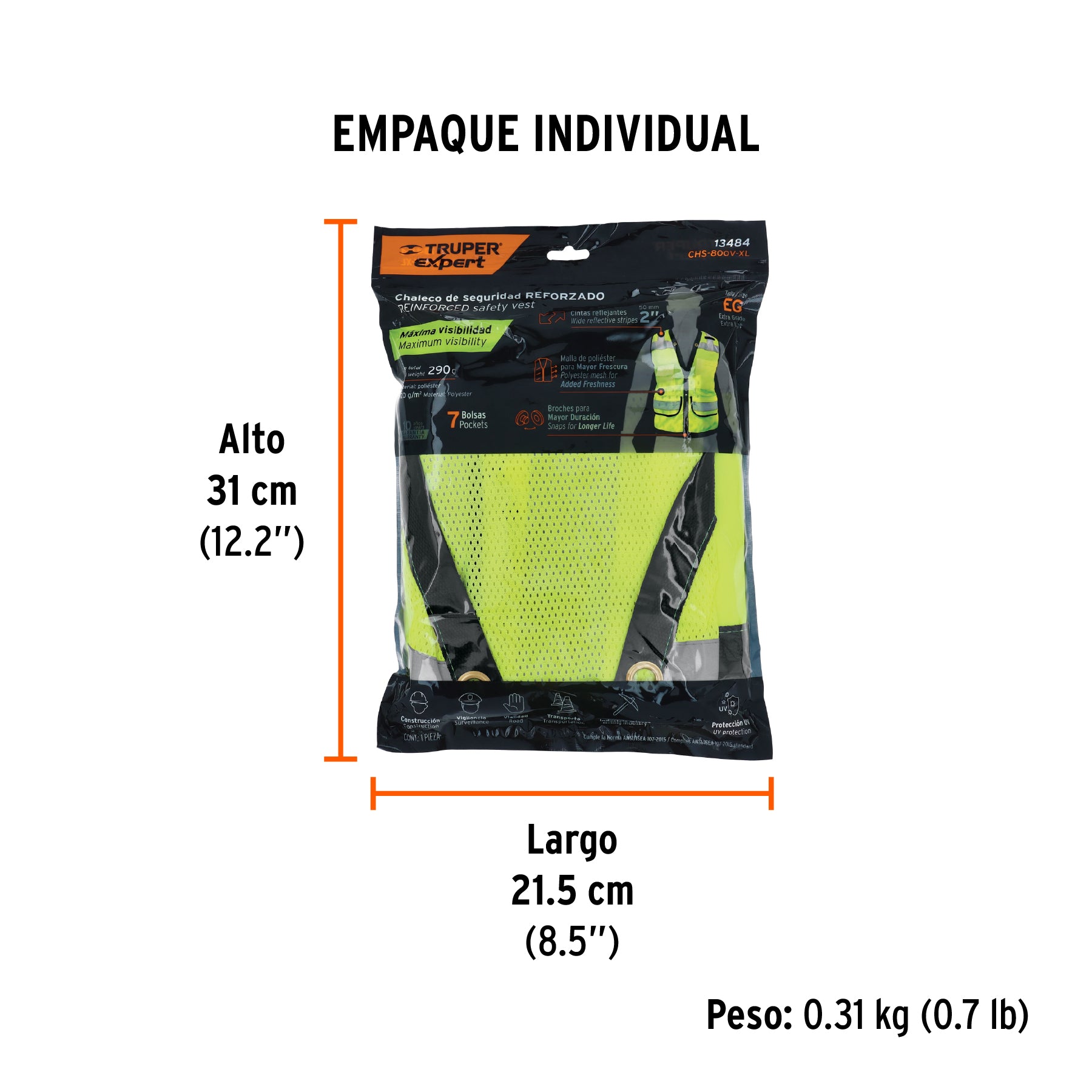 Chaleco seguridad reforzado, con bolsas, verde, extra grande