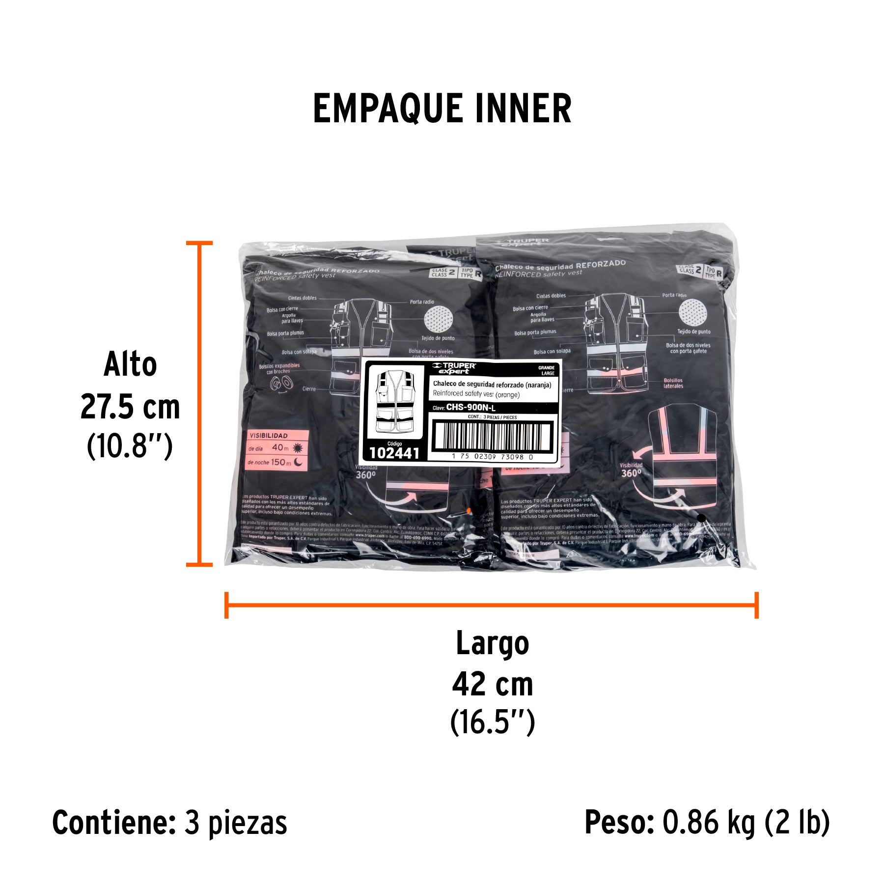 Chaleco de seguridad de alta visibilidad, naranja, grande