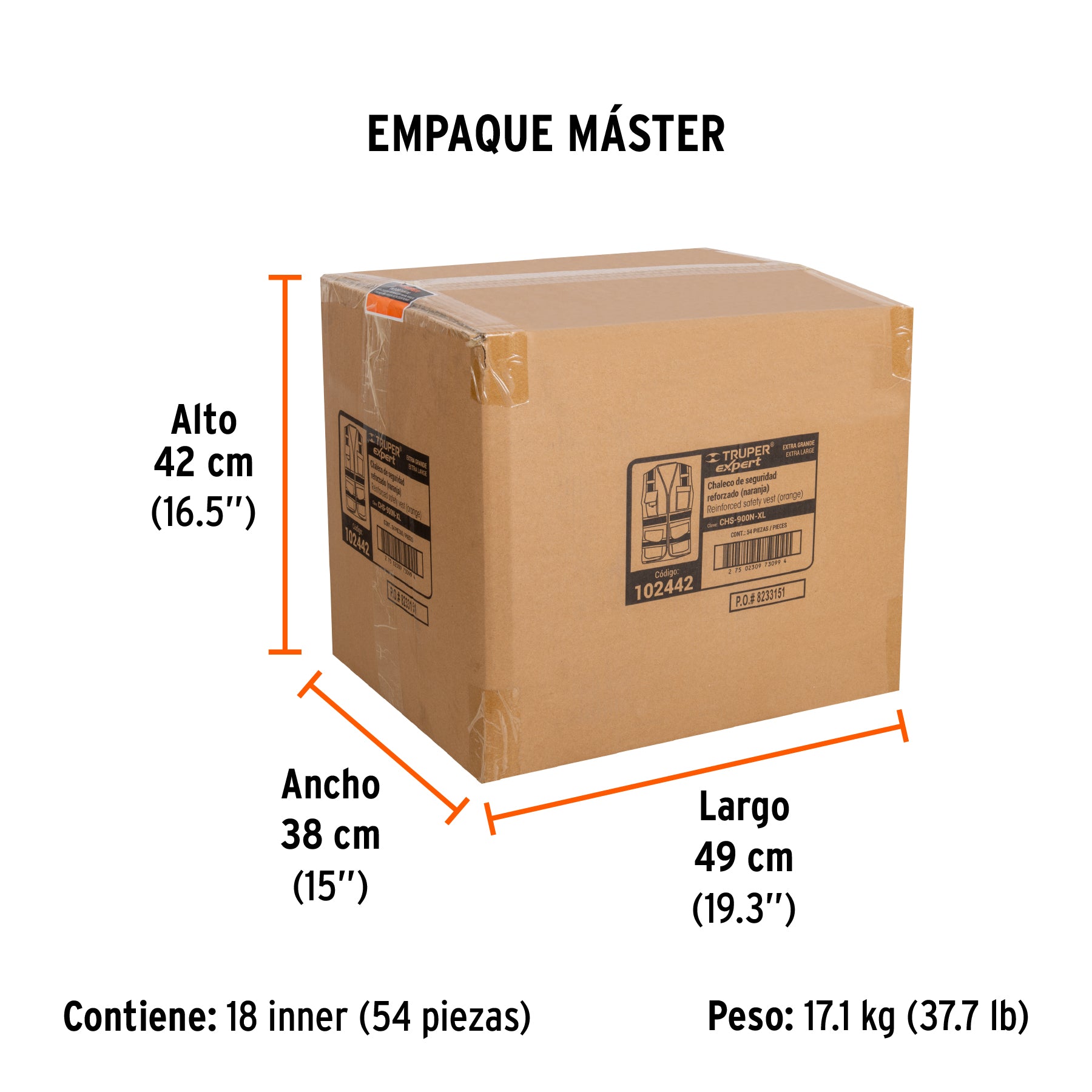 Chaleco de seguridad de alta visibilidad, naranja, extra gra