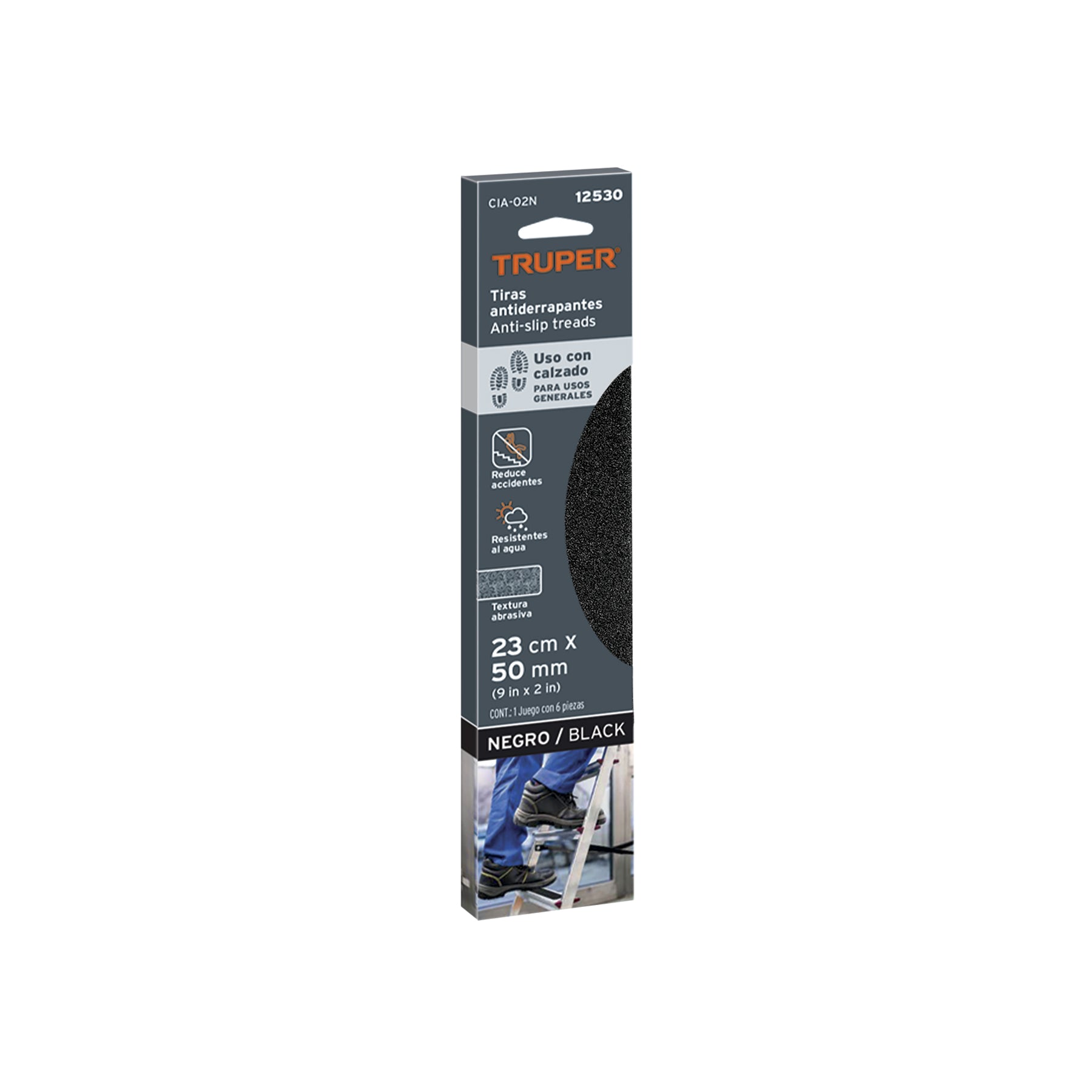 Tiras antiderrapantes con abrasivo, 50 mm, negras, 6 pzas