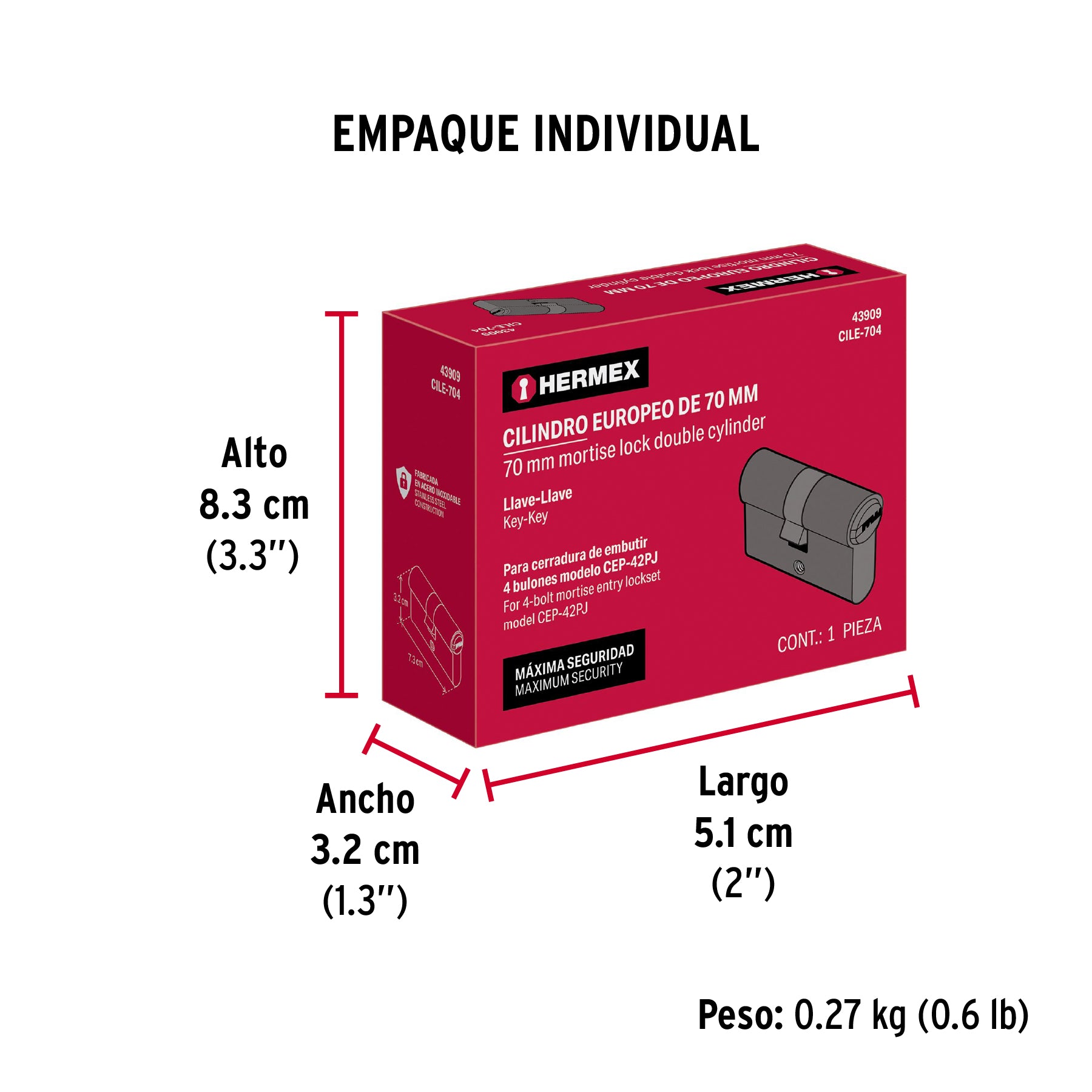 Cilindro Europeo de 70mm,llave-llave, HERMEX