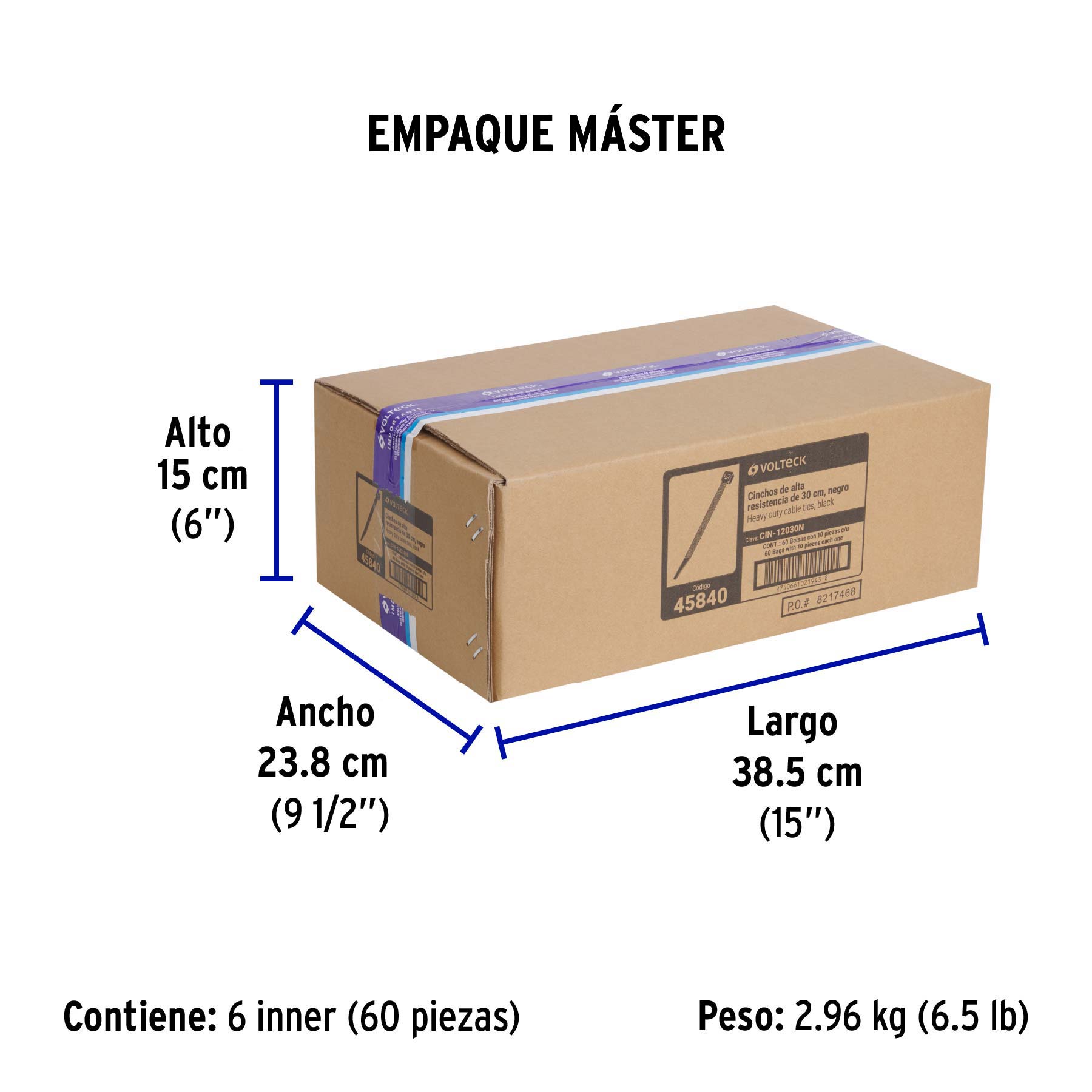 Bolsa con 10 cinchos plásticos 120 lb, 300 x 7.5 mm, negros