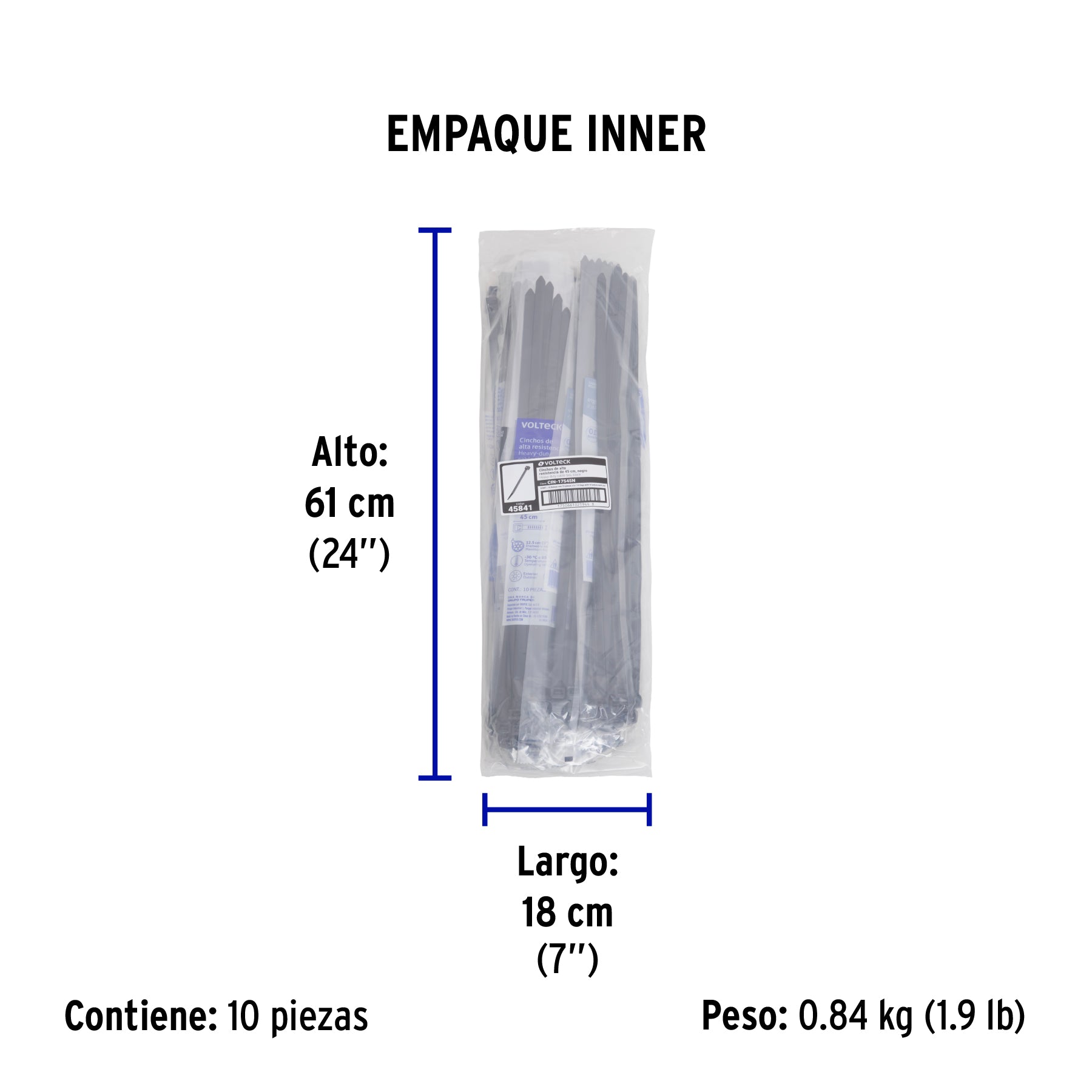 Bolsa con 10 cinchos plásticos 175 lb, 450 x 9 mm, negros