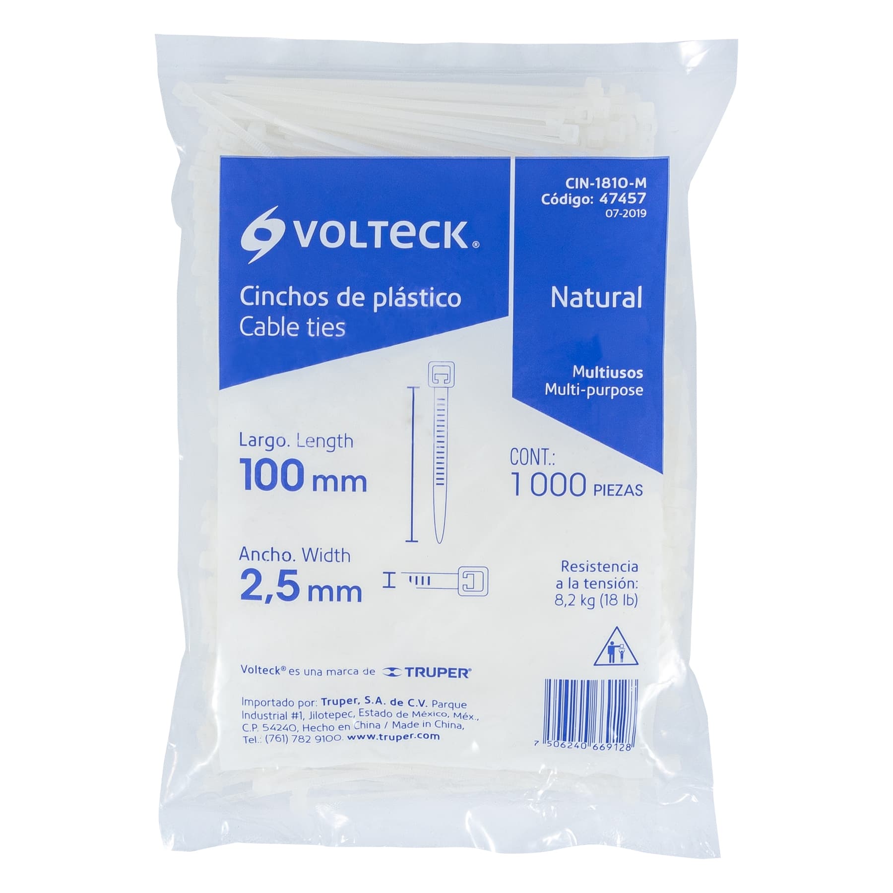 Cincho plástico, 18 lb, 10 cm, bolsa con 1000 pzas