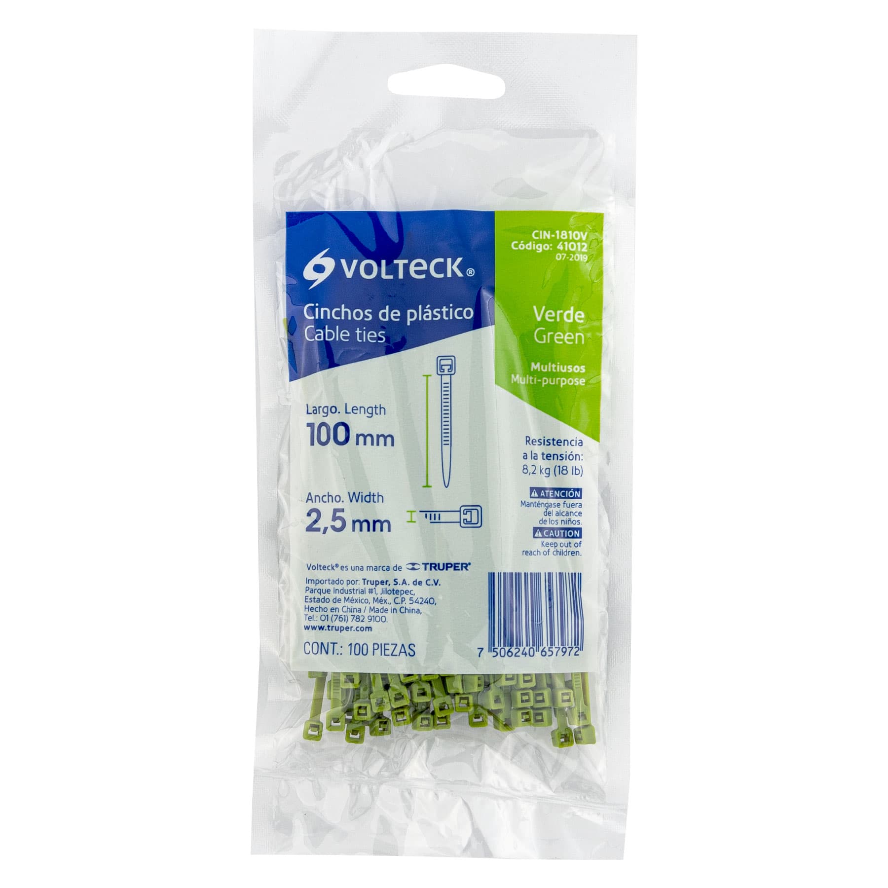 Cincho plástico verde 18 lb, 10 cm bolsa con 100 piezas