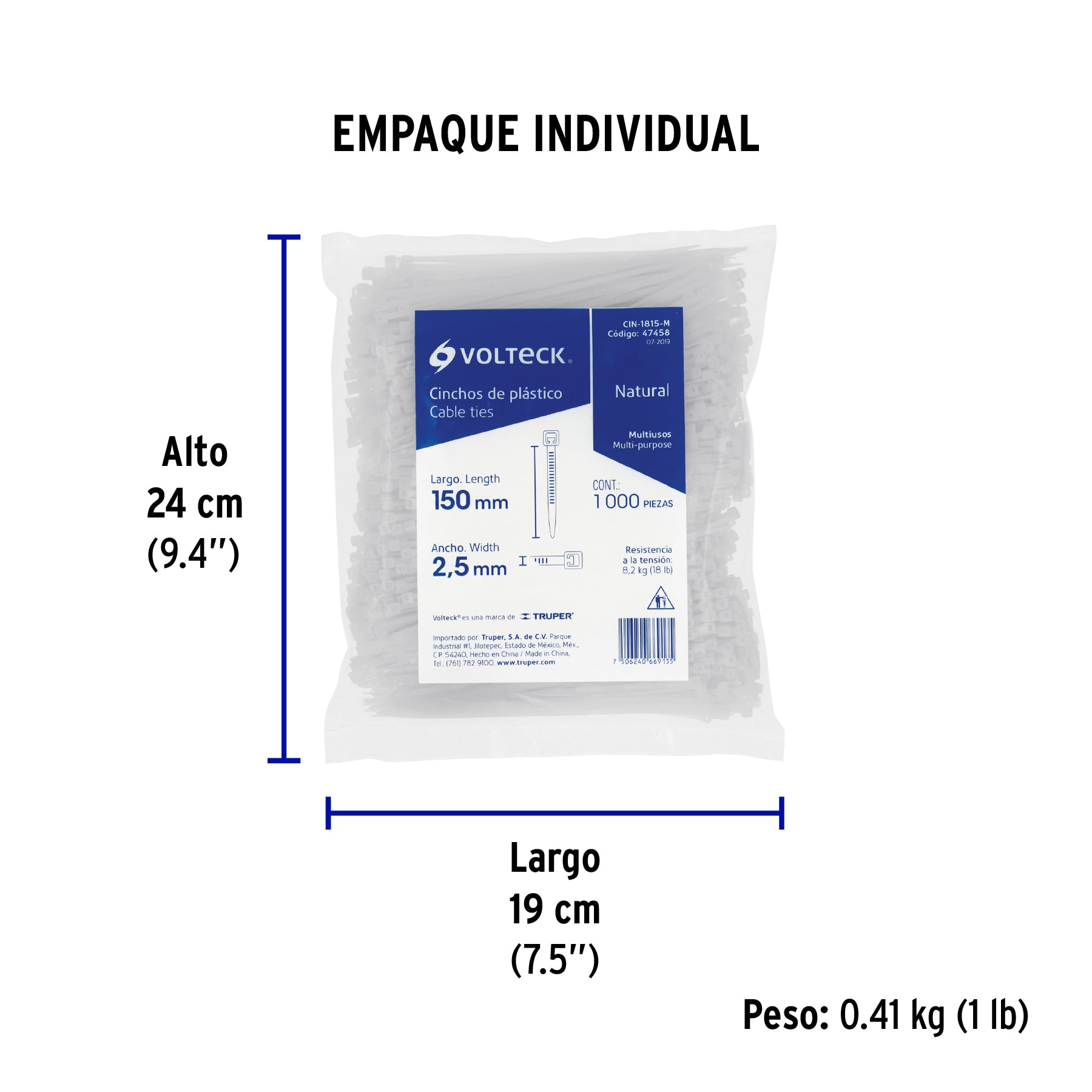 Cincho plástico, 18 lb, 15 cm, bolsa con 1000 pzas
