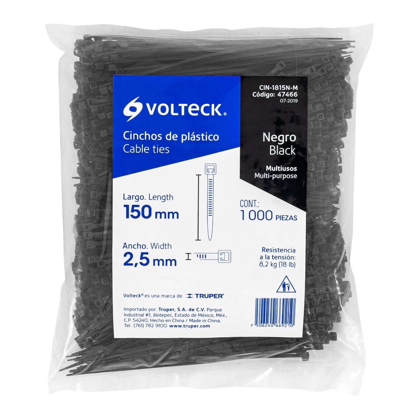 Cincho plástico, 18 lb, 15 cm, negro, bolsa con 1000 pzas