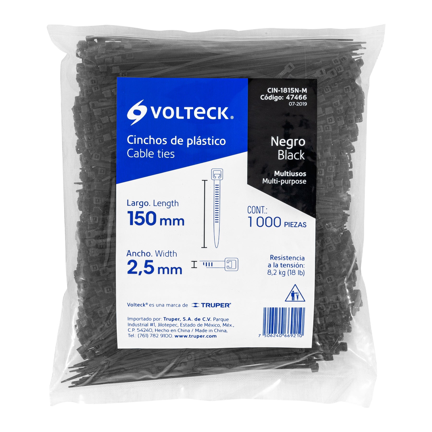 Cincho plástico, 18 lb, 15 cm, negro, bolsa con 1000 pzas