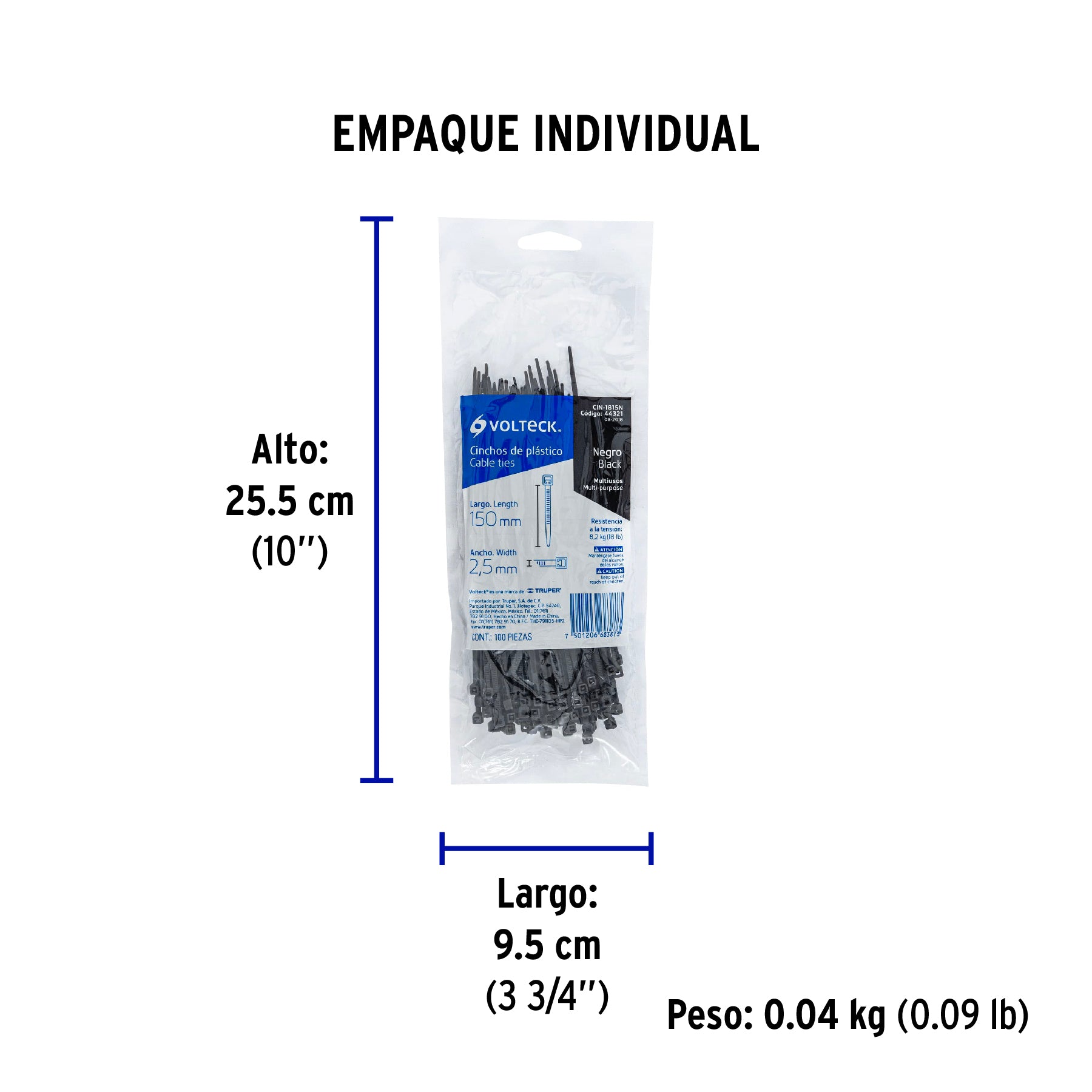 Cincho plástico, 18 lb, 15 cm, negro, bolsa con 100 pzas