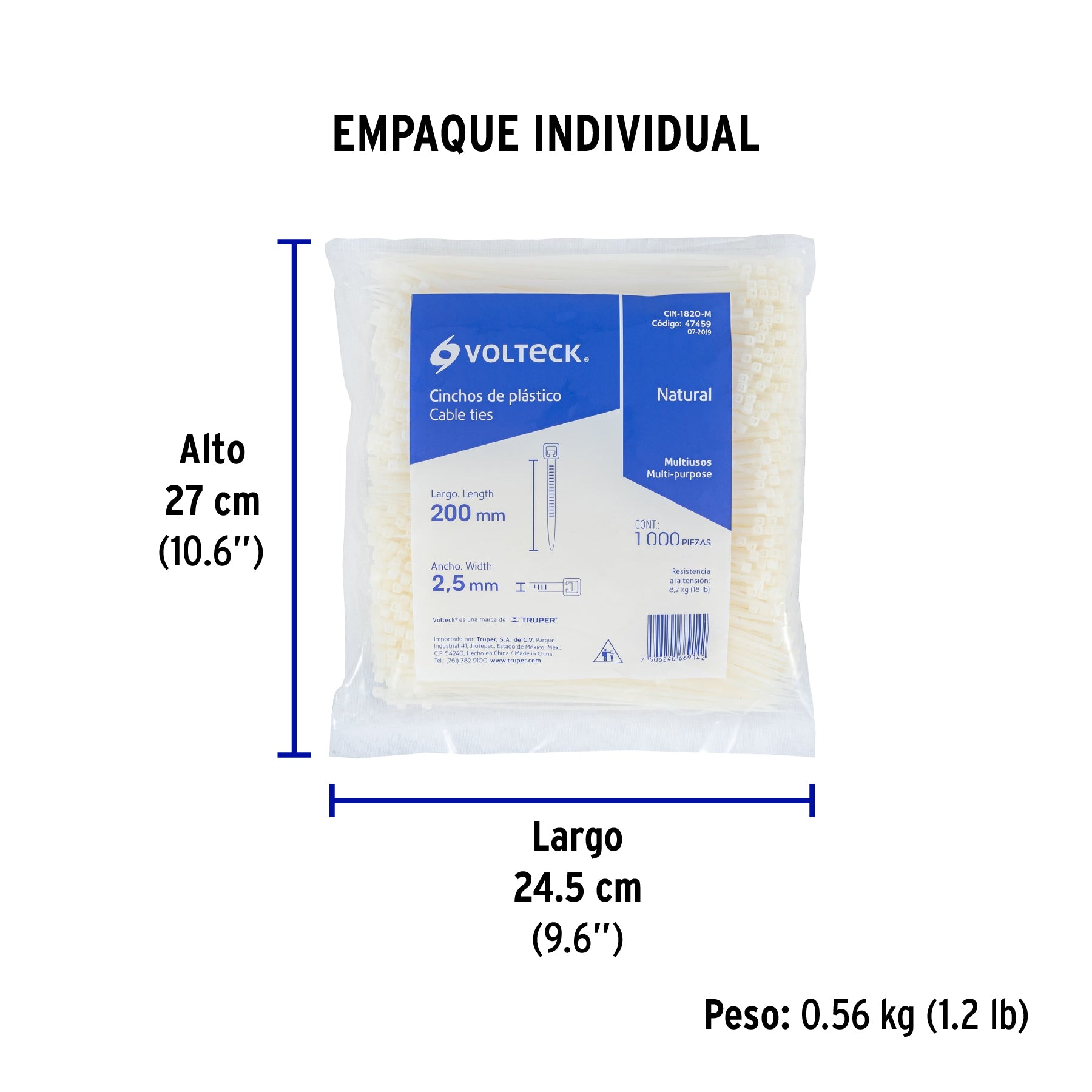Cincho plástico, 18 lb, 20 cm, bolsa con 1000 pzas