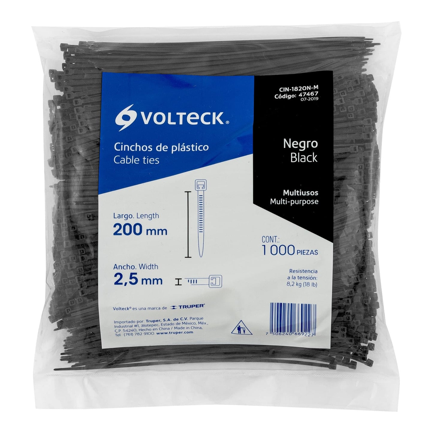 Cincho plástico, 18 lb, 20 cm, negro, bolsa con 1000 pzas