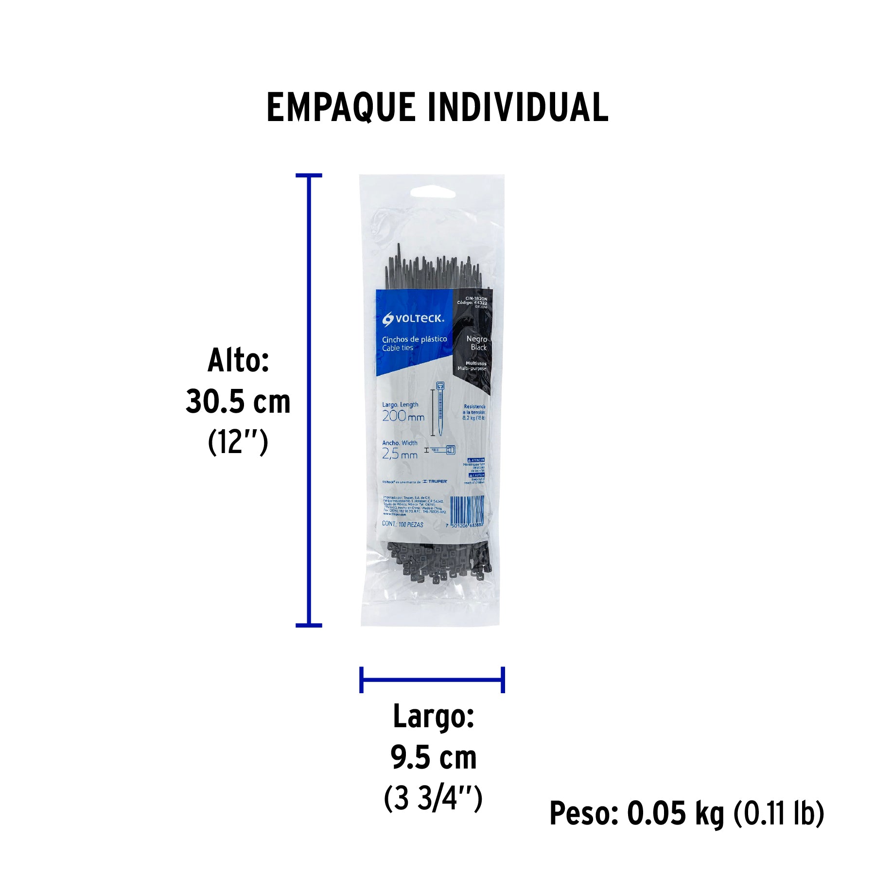Cincho plástico, 18 lb, 20 cm, negro, bolsa con 100 pzas