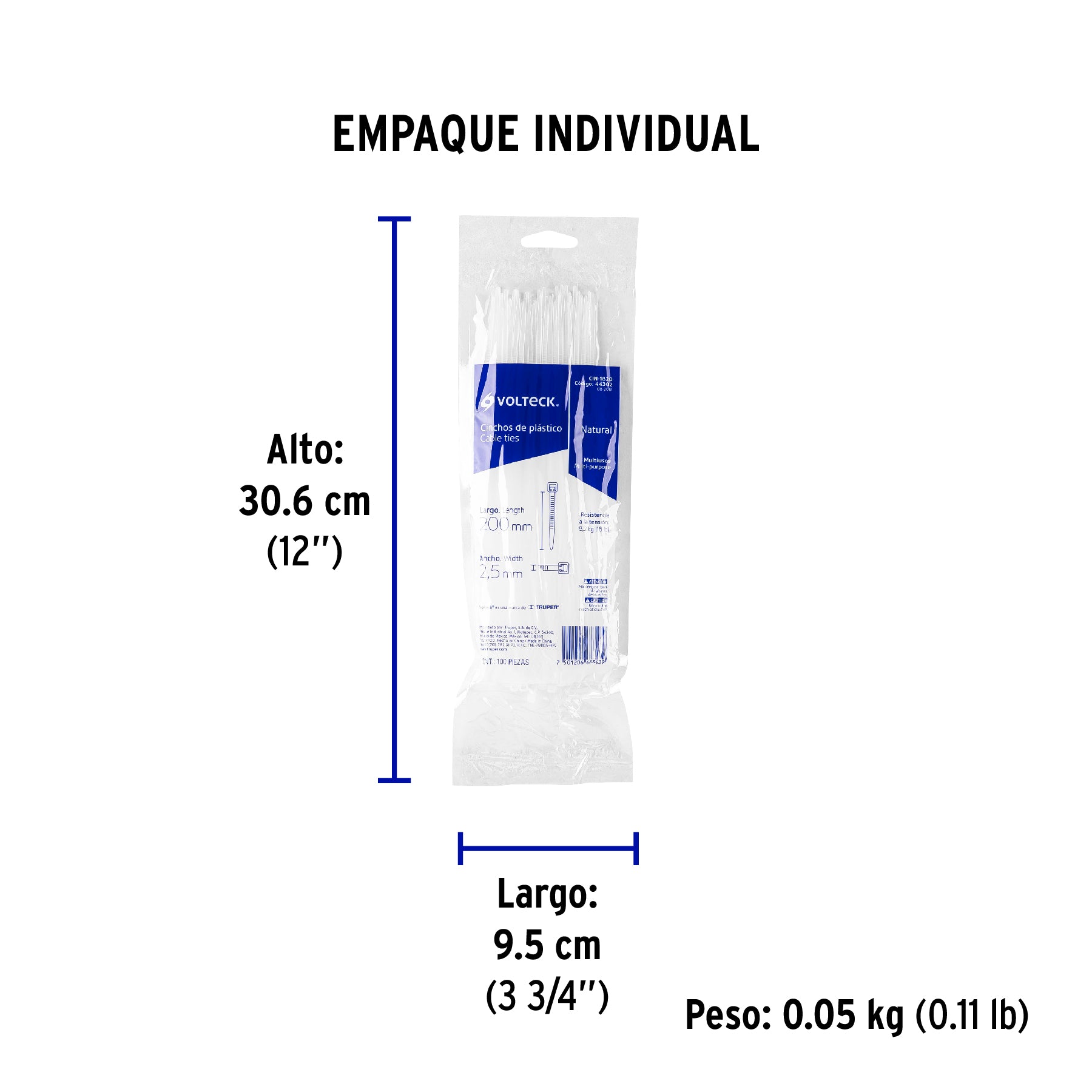Cincho plástico, 18 lb, 20 cm, bolsa con 100 pzas