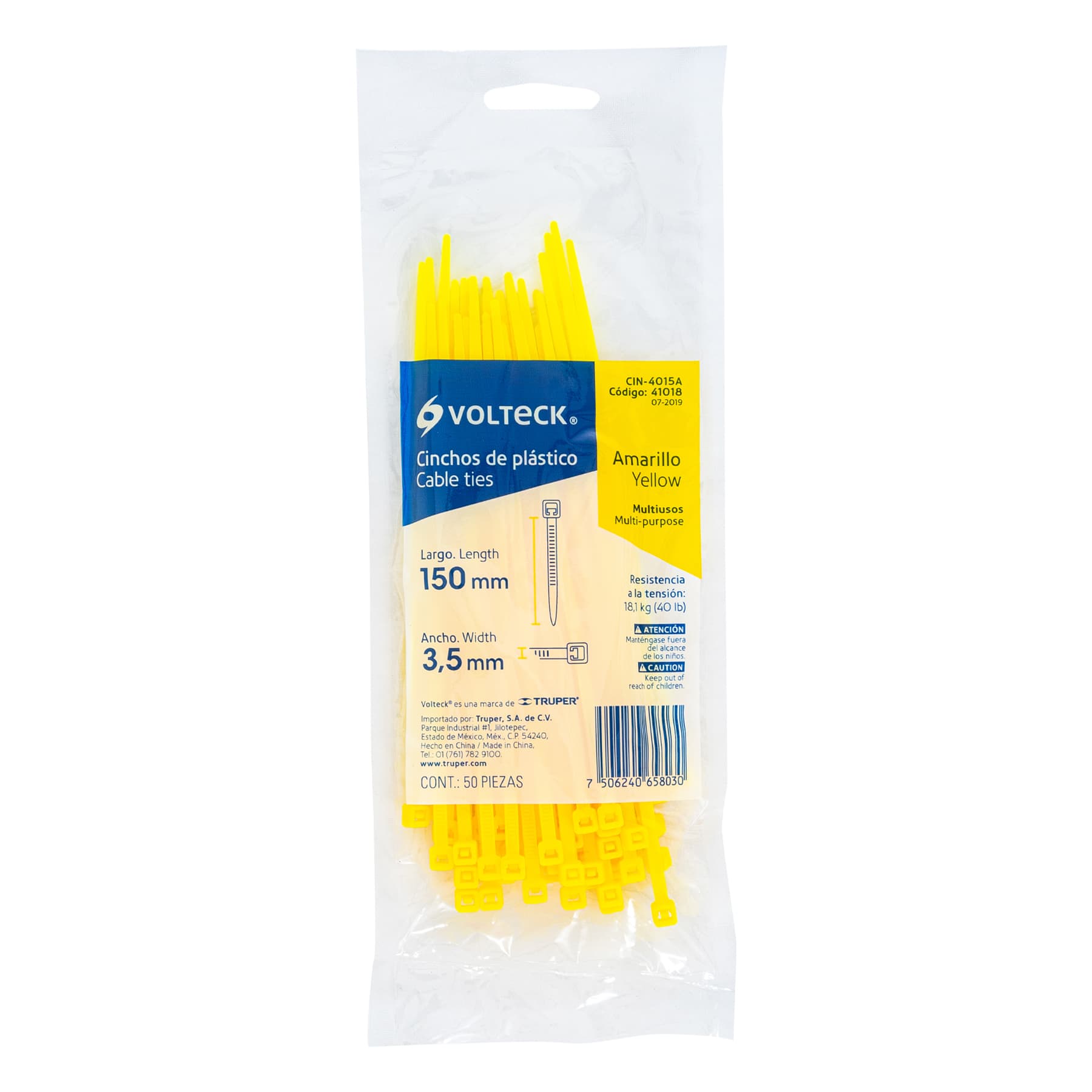 Cincho plástico amarillo 40 lb, 15 cm bolsa con 50 piezas