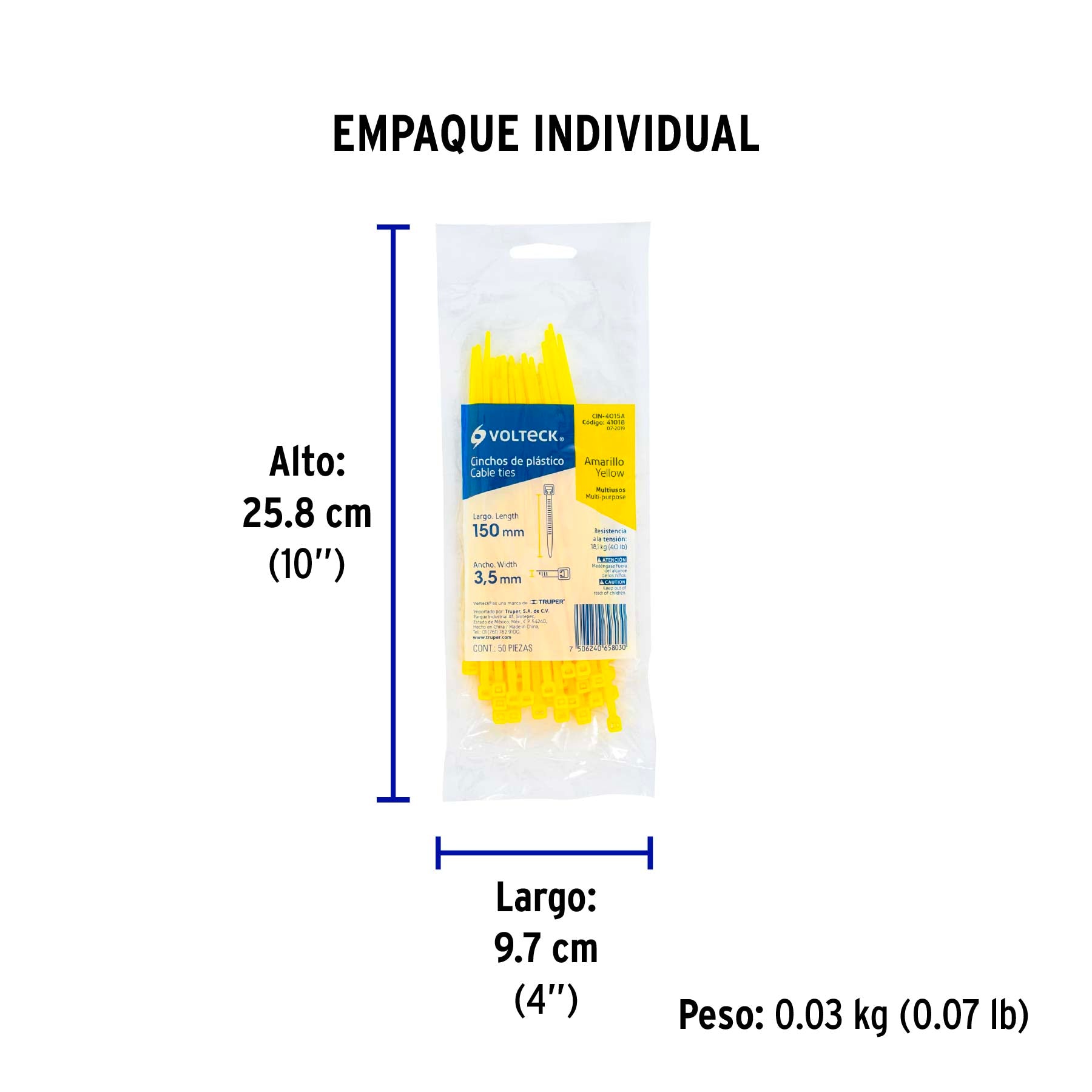 Cincho plástico amarillo 40 lb, 15 cm bolsa con 50 piezas