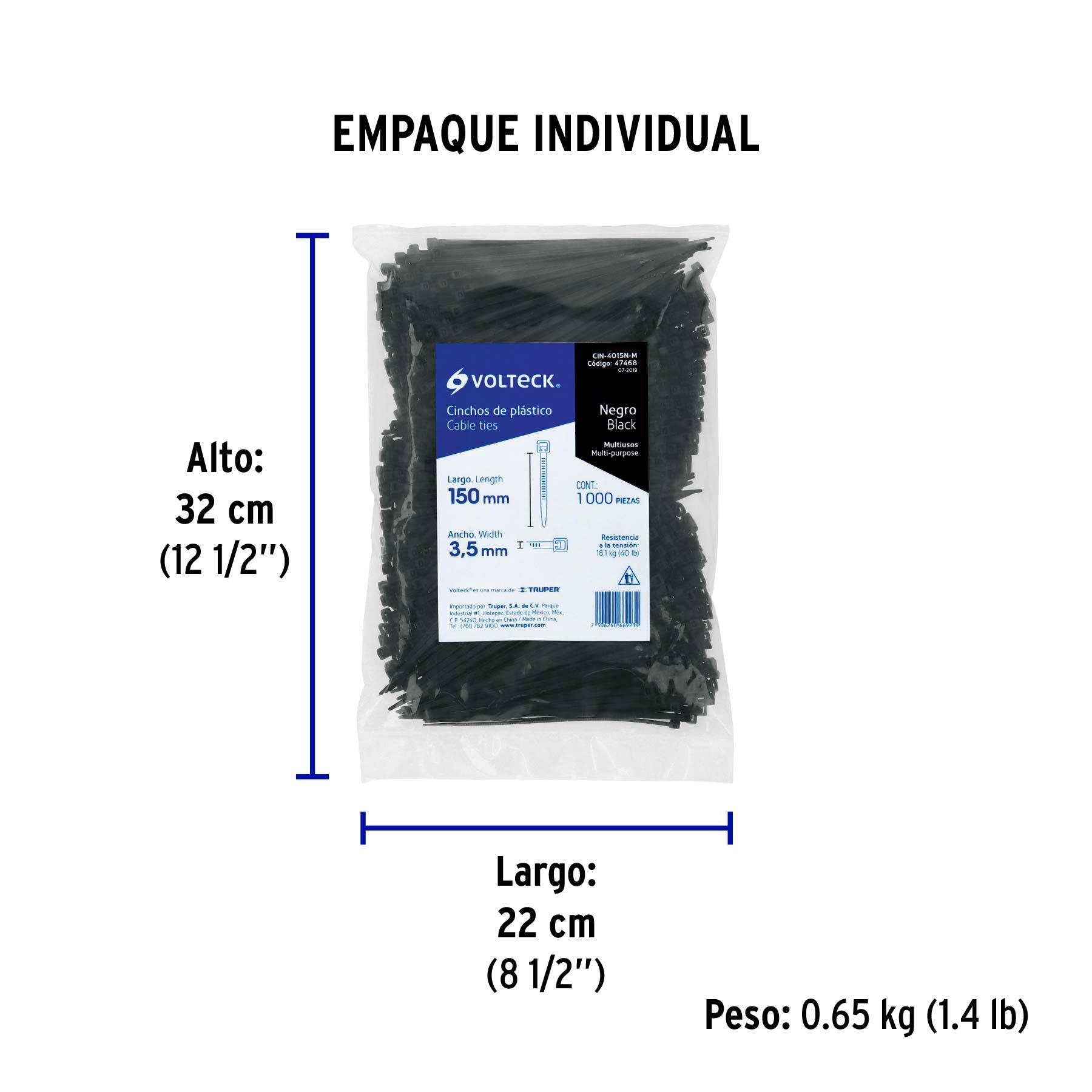 Cincho plástico, 40 lb, 15 cm, negro, bolsa con 1000 pzas