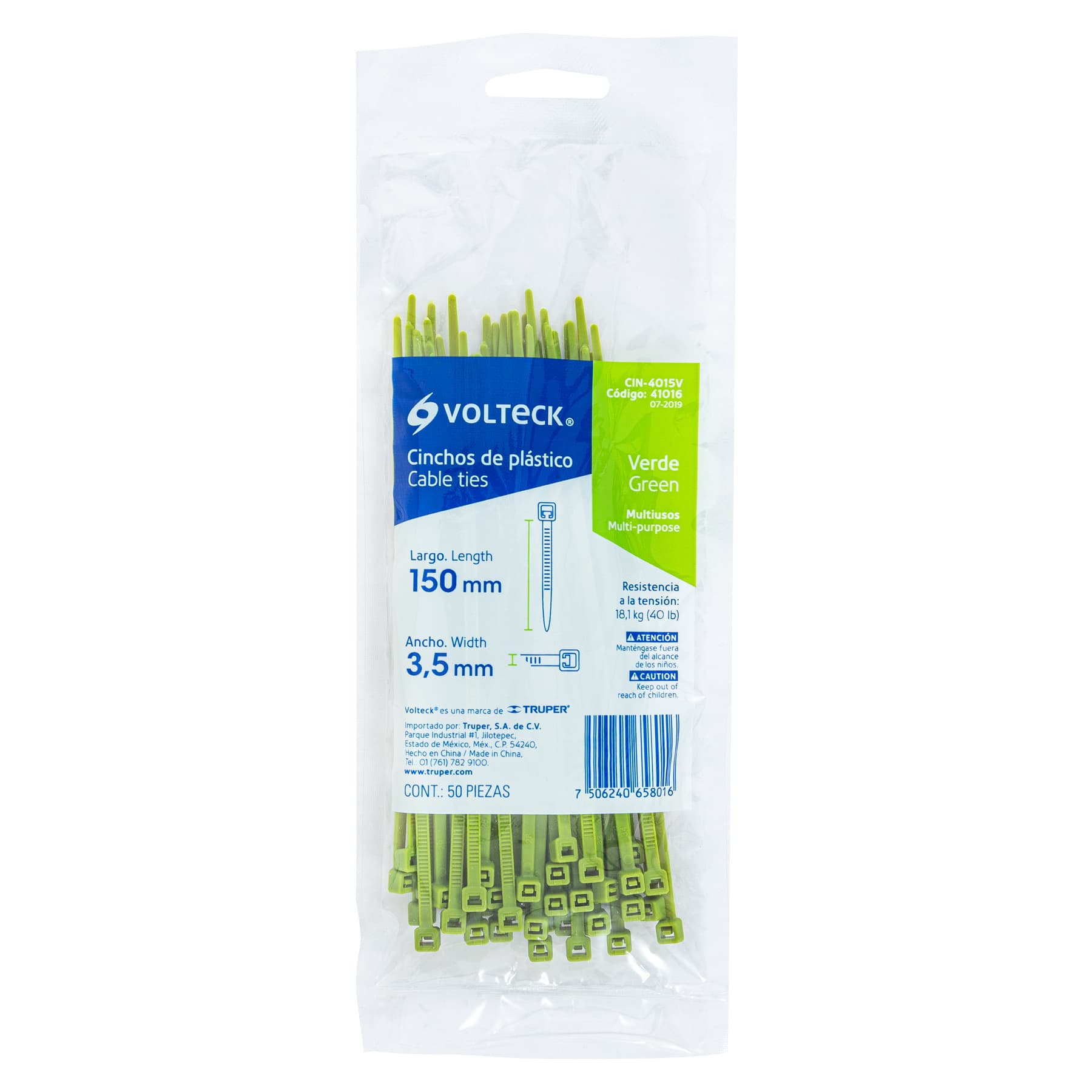 Cincho plástico verde 40 lb, 15 cm bolsa con 50 piezas