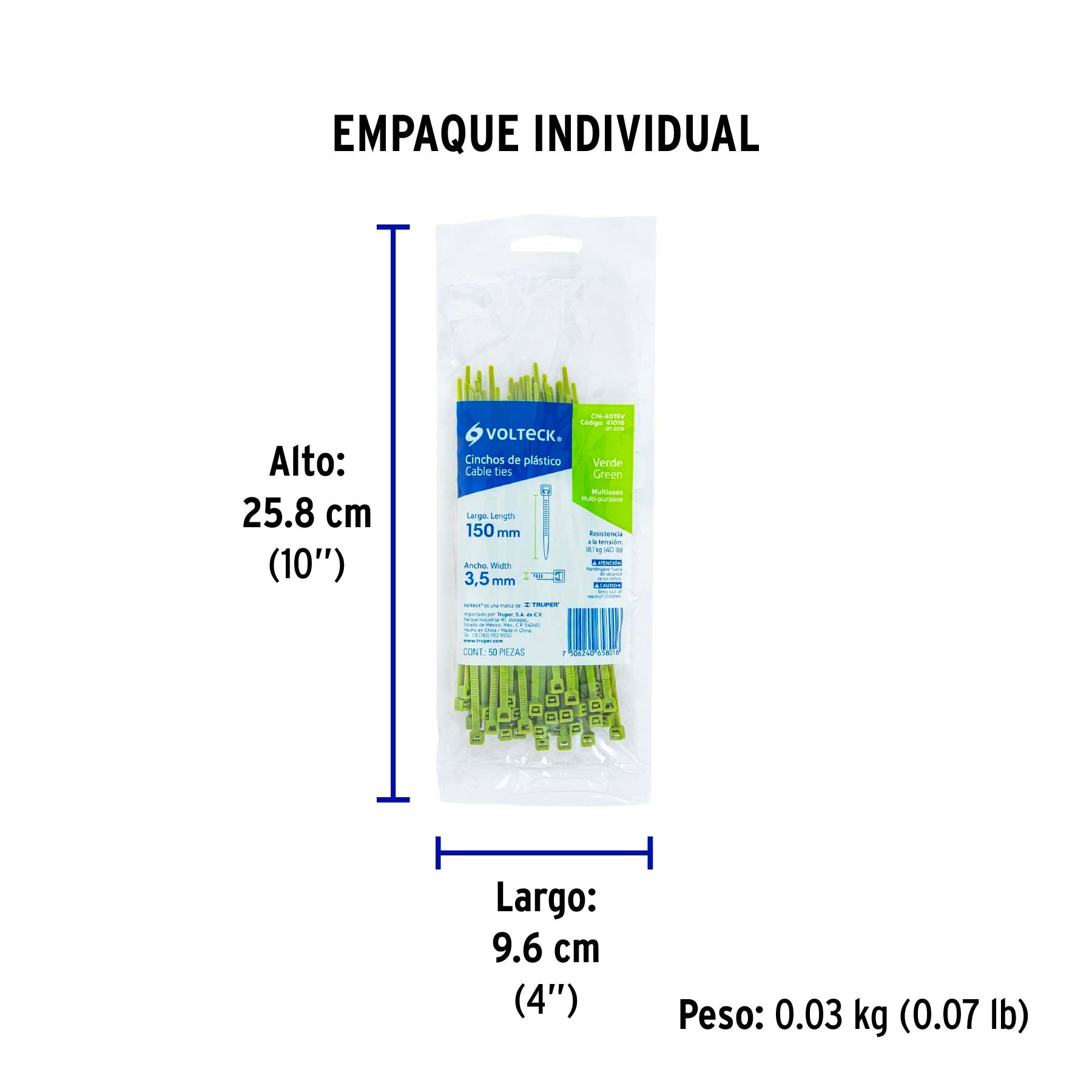Cincho plástico verde 40 lb, 15 cm bolsa con 50 piezas
