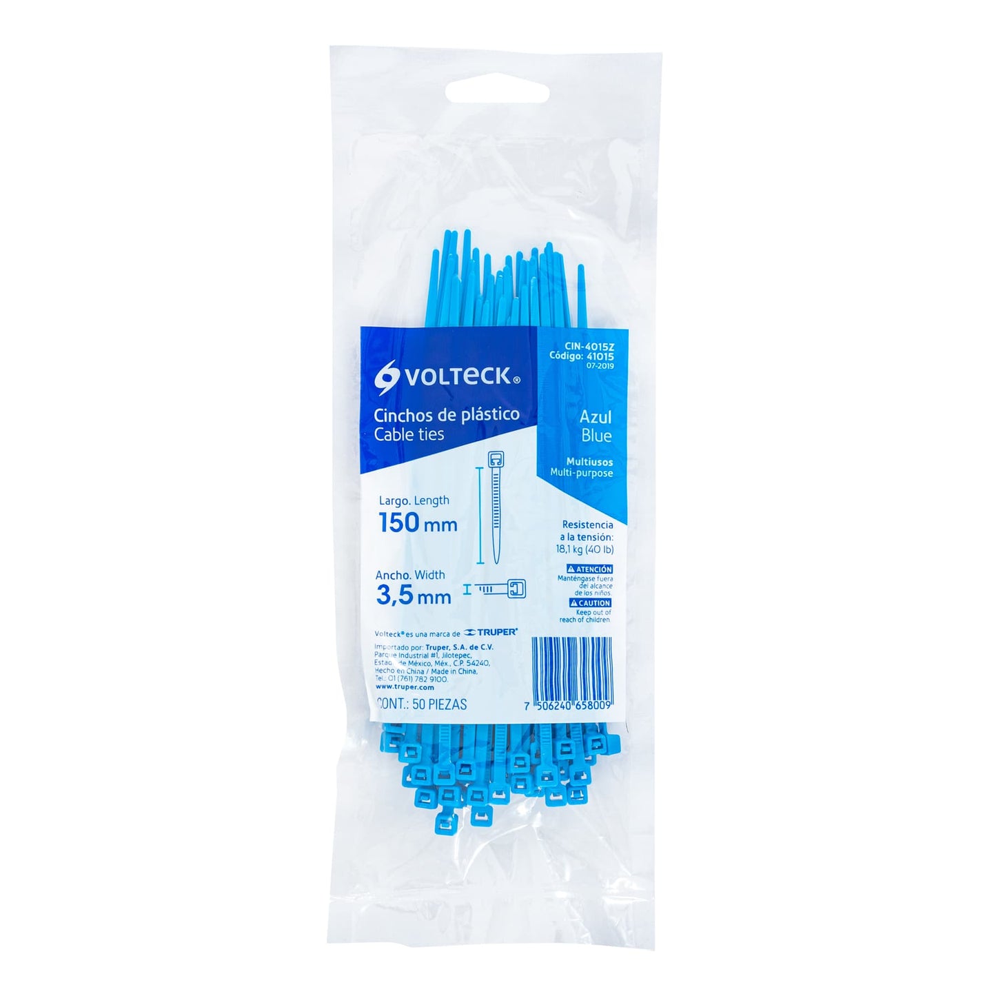 Cincho plástico azul 40 lb, 15 cm bolsa con 50 piezas