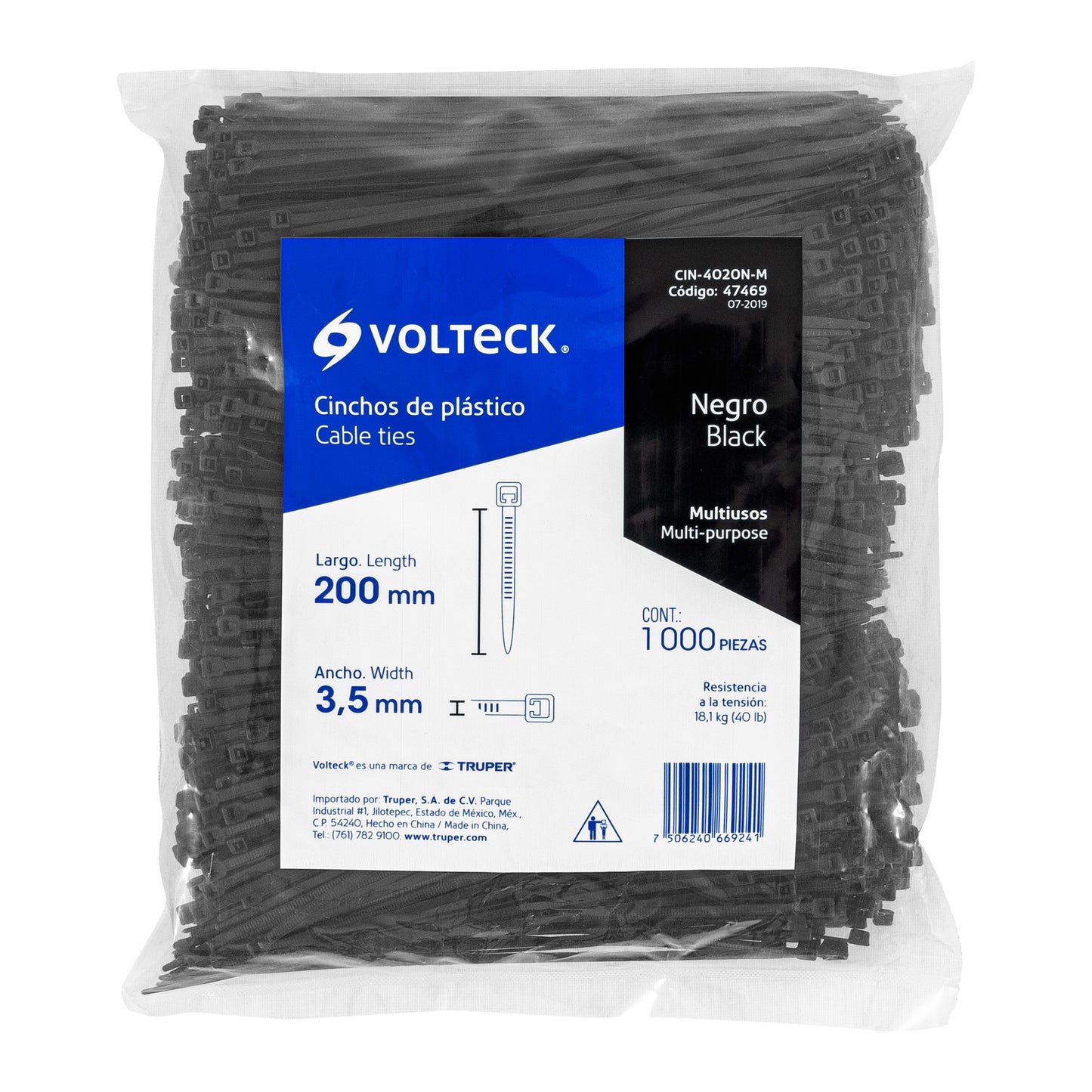 Cincho plástico, 40 lb, 20 cm, negro, bolsa con 1000 pzas