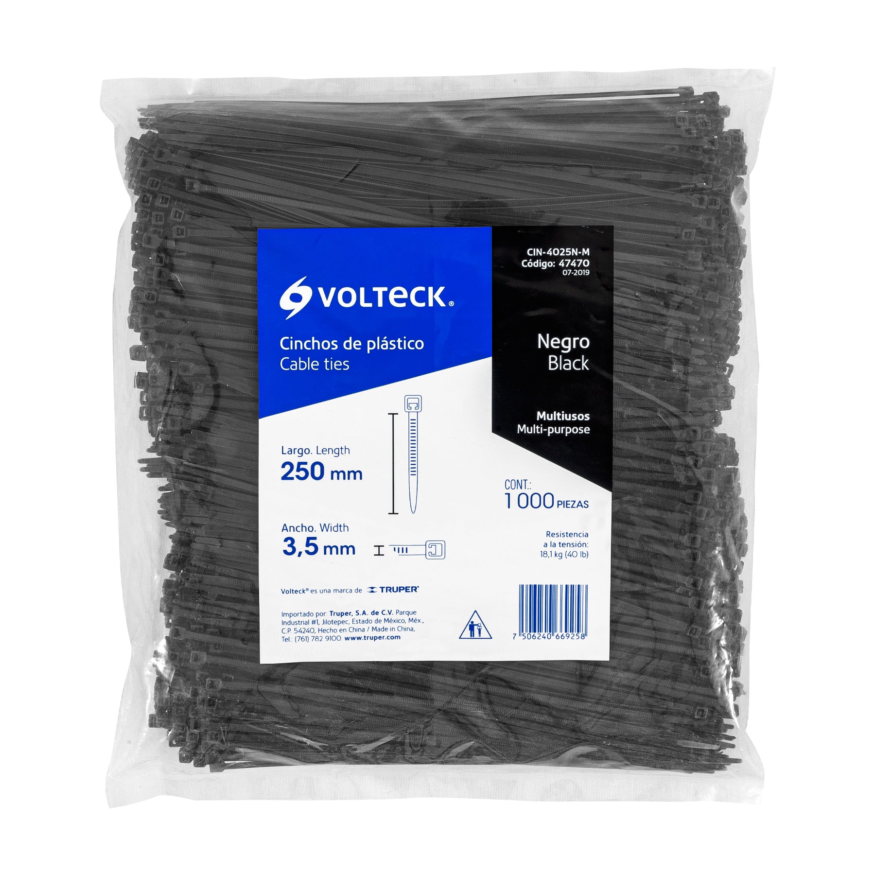 Cincho plástico, 40 lb, 25 cm, negro, bolsa con 1000 pzas