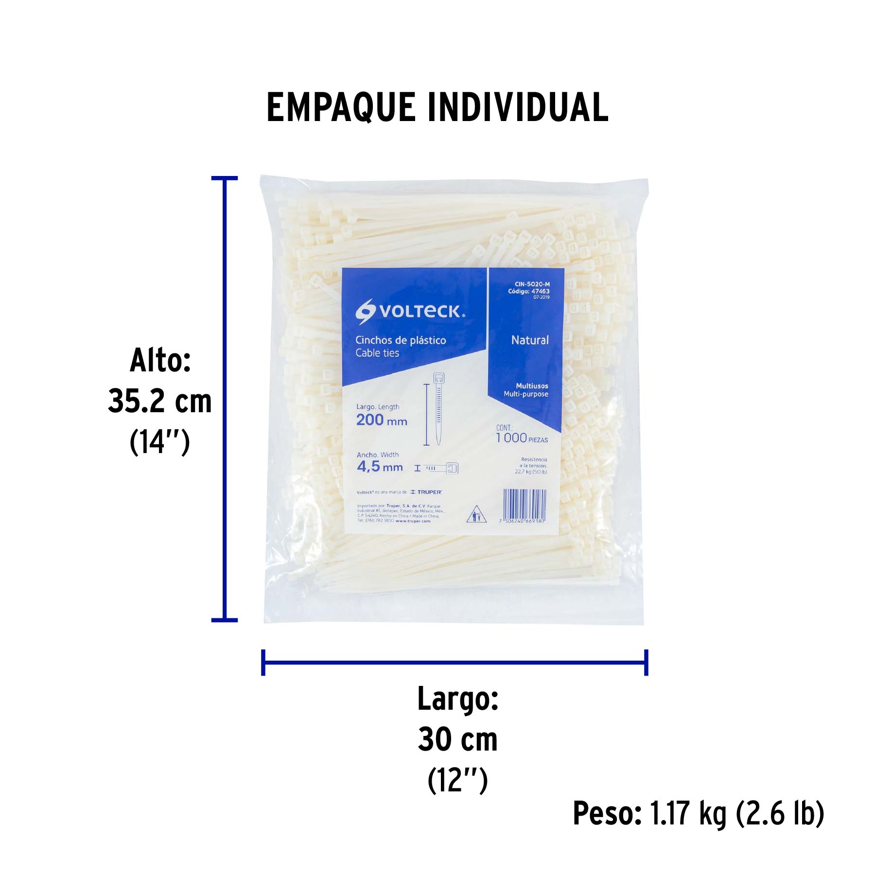 Cincho plástico, 50 lb, 20 cm, bolsa con 1000 pzas
