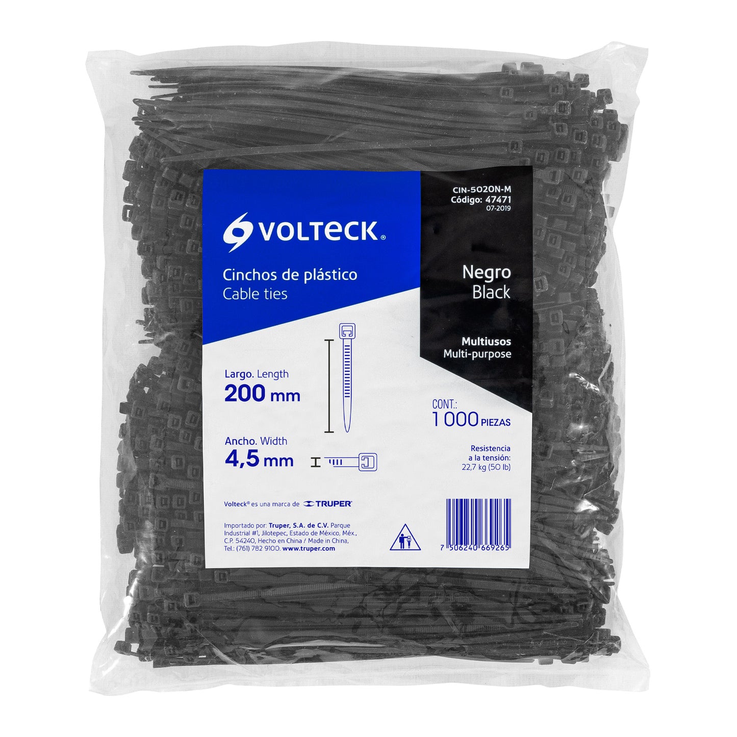 Cincho plástico, 50 lb, 20 cm, negro, bolsa con 1000 pzas