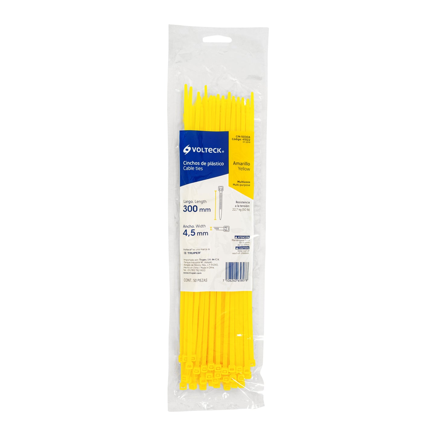 Cincho plástico amarillo 50 lb, 30 cm bolsa con 50 piezas