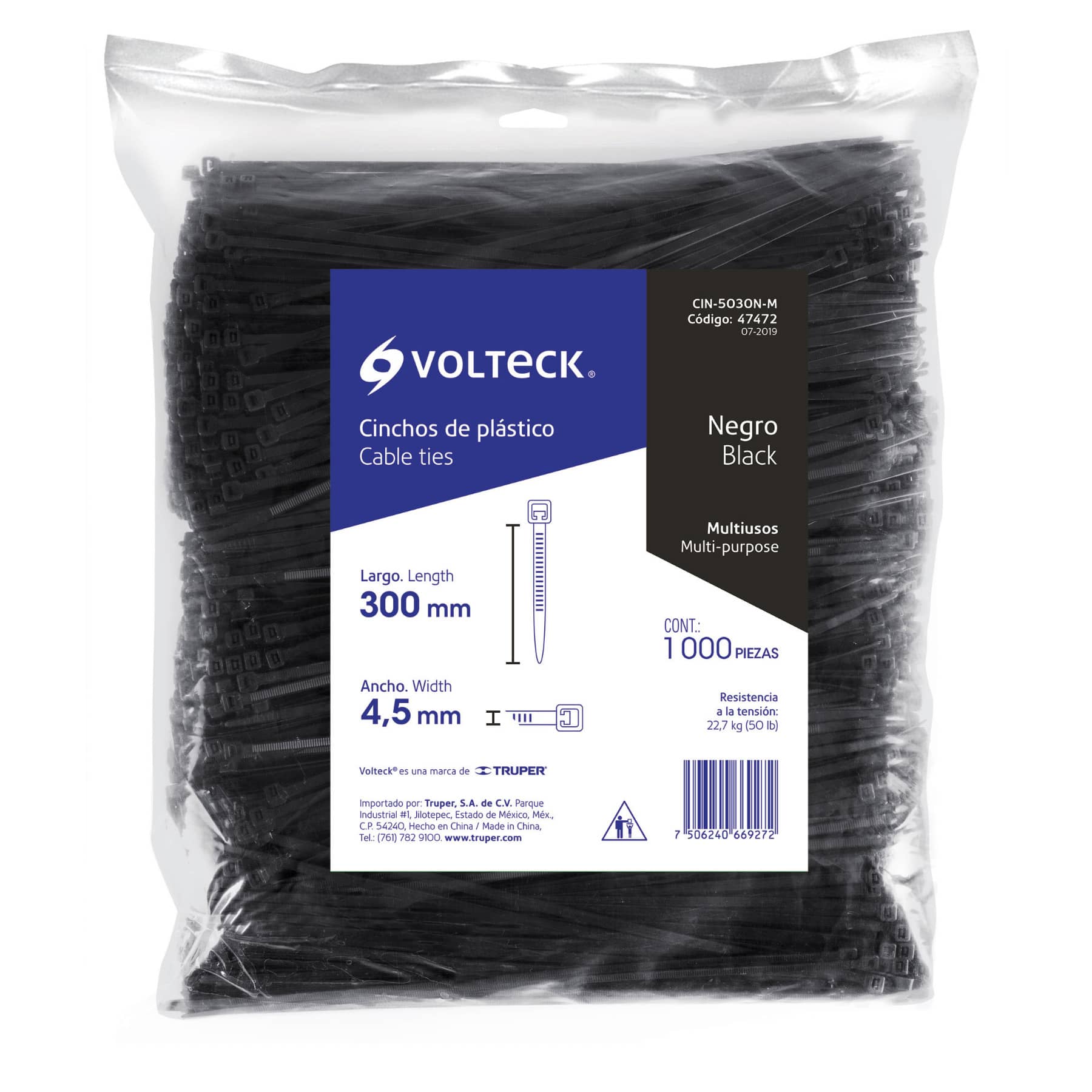 Cincho plástico, 50 lb, 30 cm, negro, bolsa con 1000 pzas
