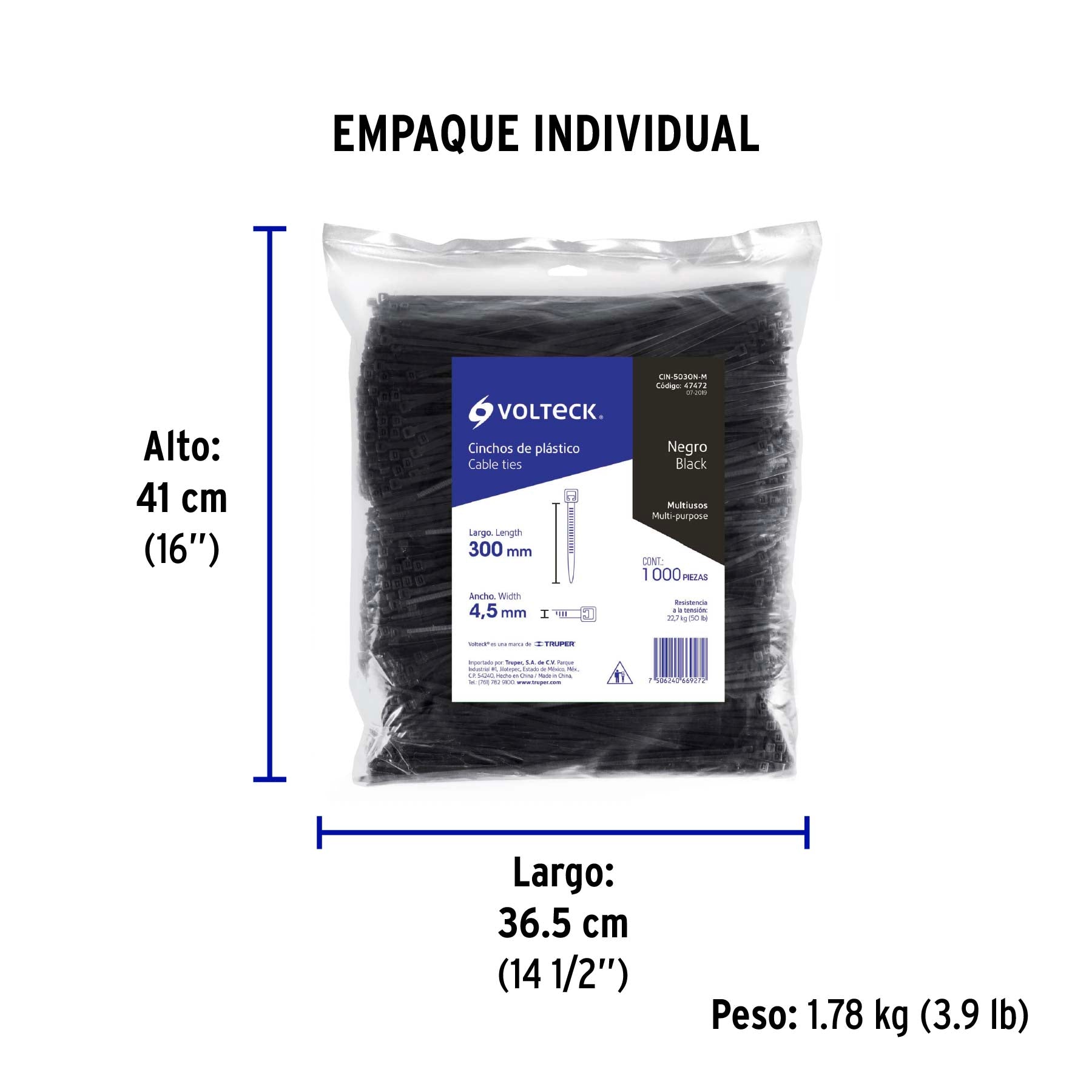 Cincho plástico, 50 lb, 30 cm, negro, bolsa con 1000 pzas