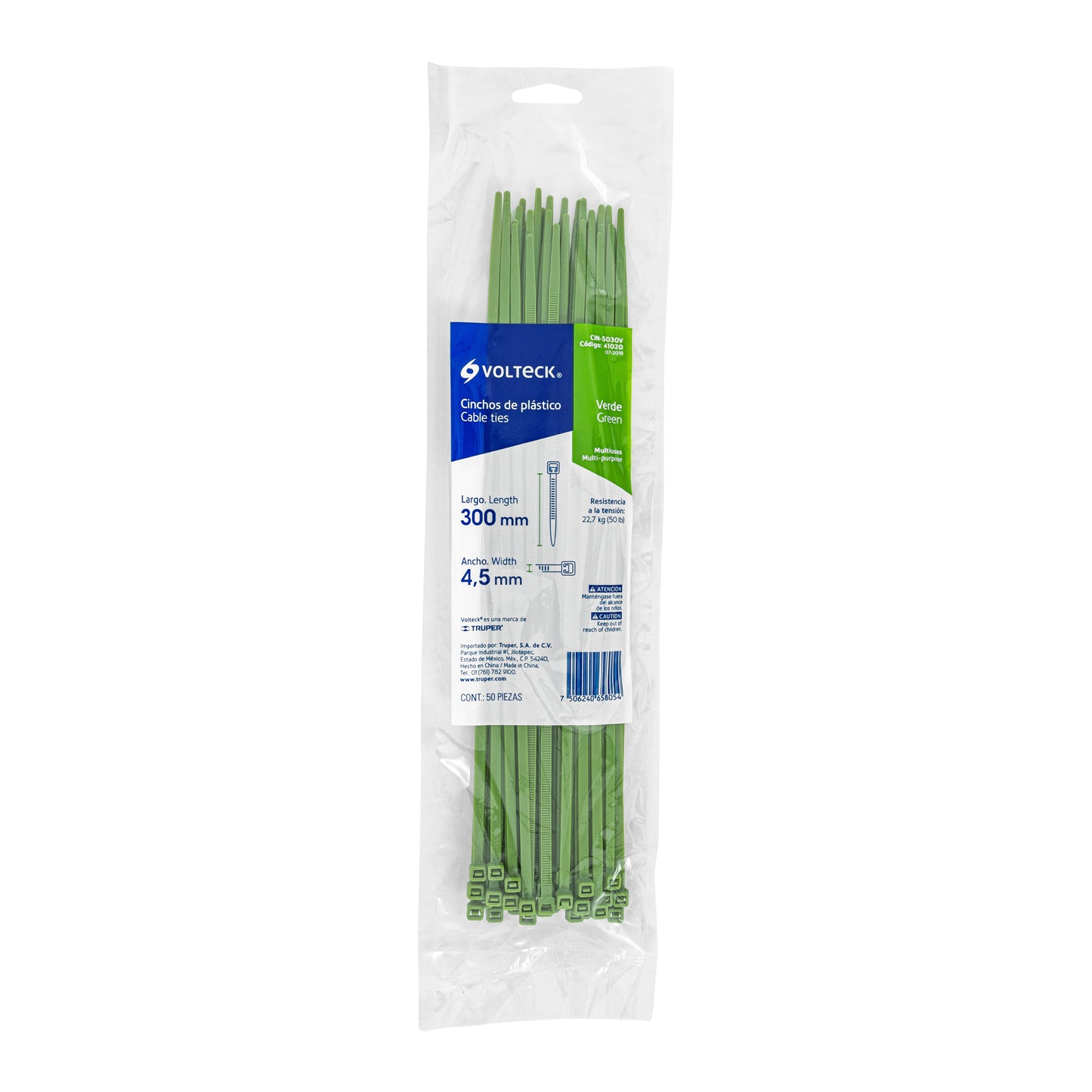 Cincho plástico verde 50 lb, 30 cm bolsa con 50 piezas
