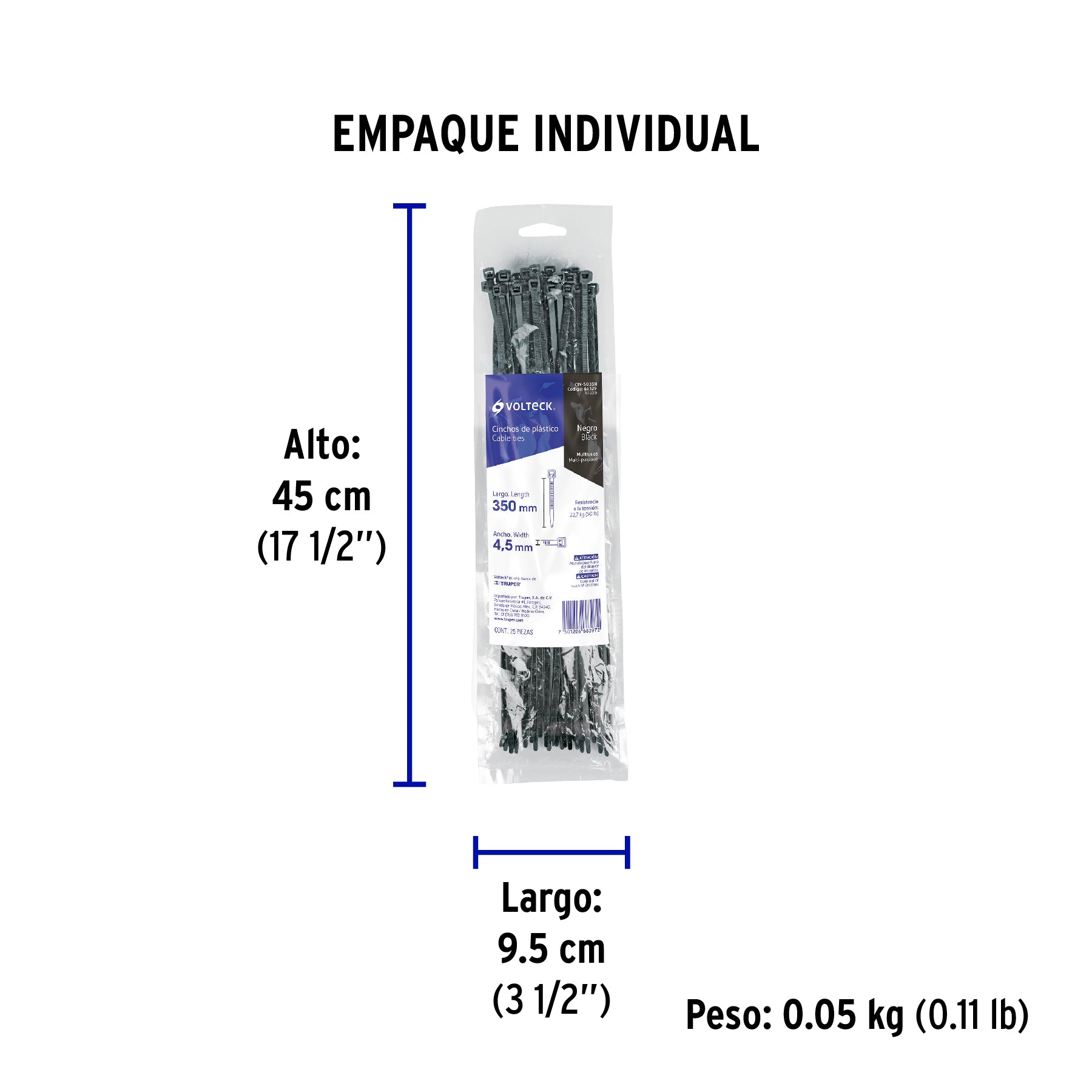 Cincho plástico, 50 lb, 35 cm, negro, bolsa con 25 pzas