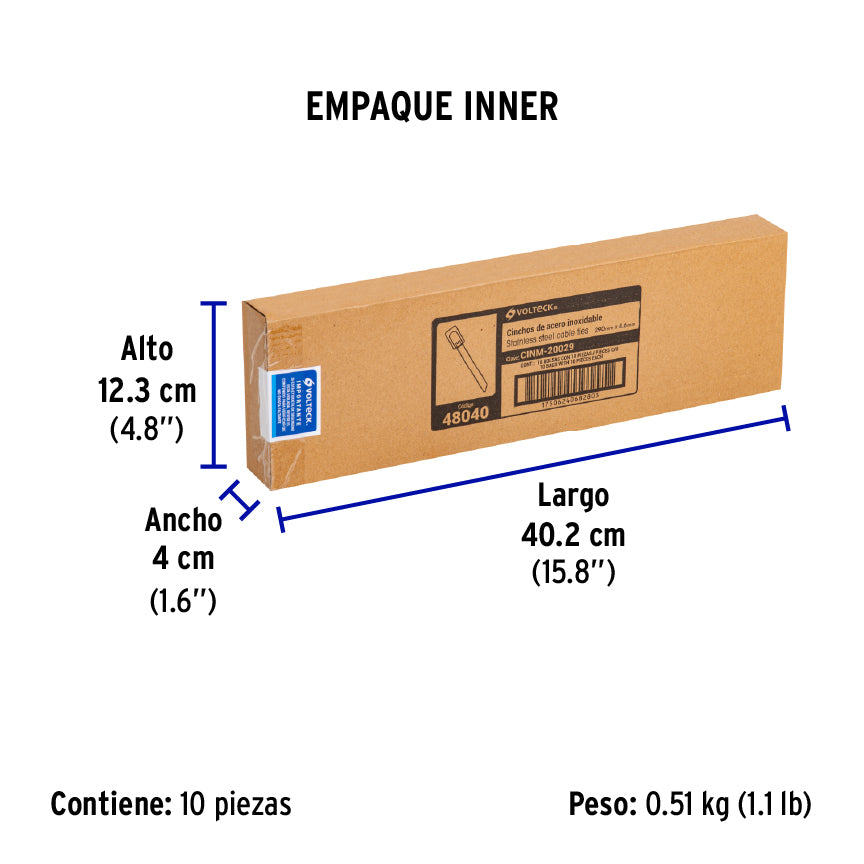 Cincho de acero inoxidable 29 cm, 200 lb, 10 pzas