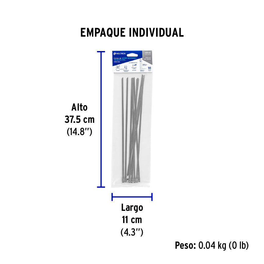 Cincho de acero inoxidable 29 cm, 200 lb, 10 pzas