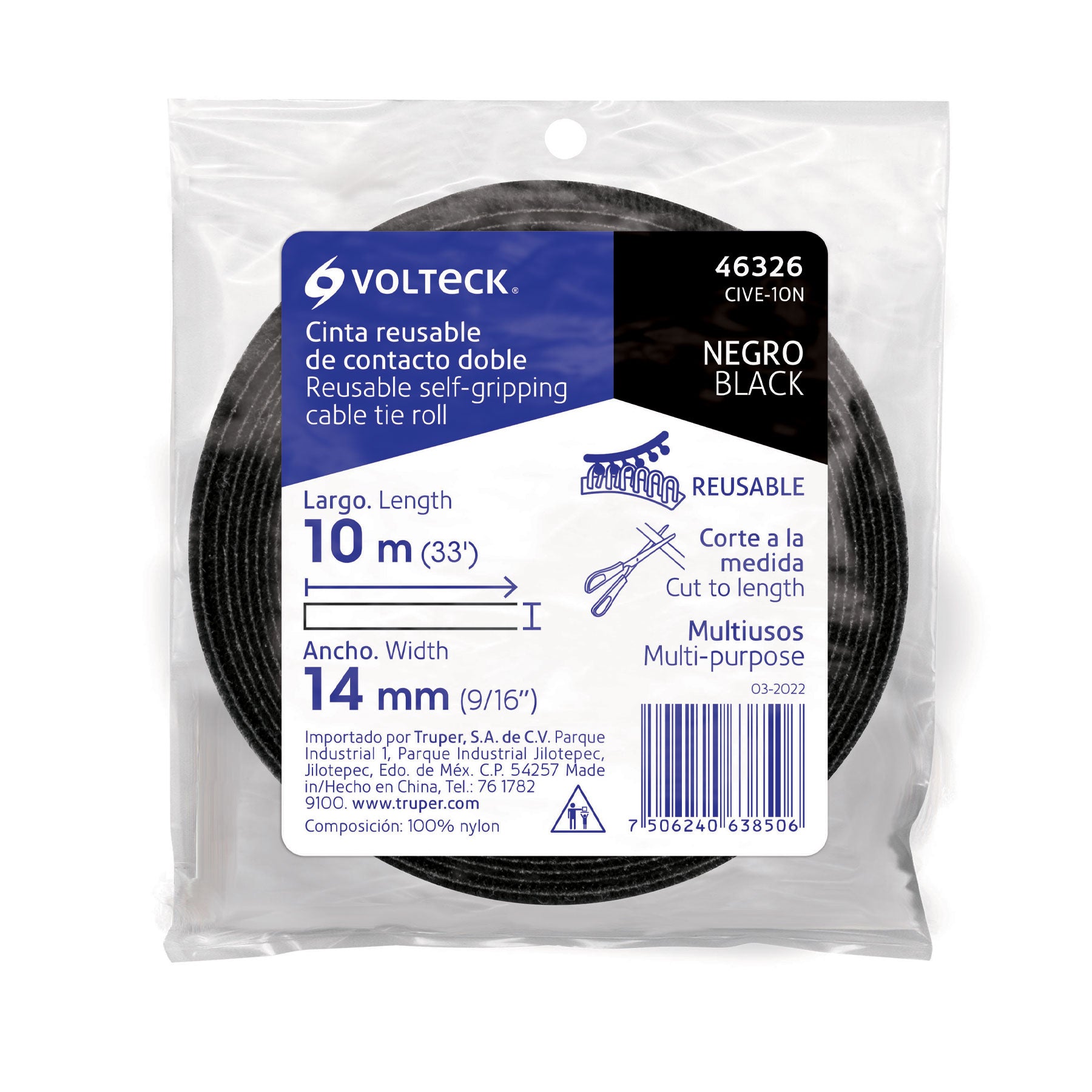 Cinta de contacto doble, 10 m, negra