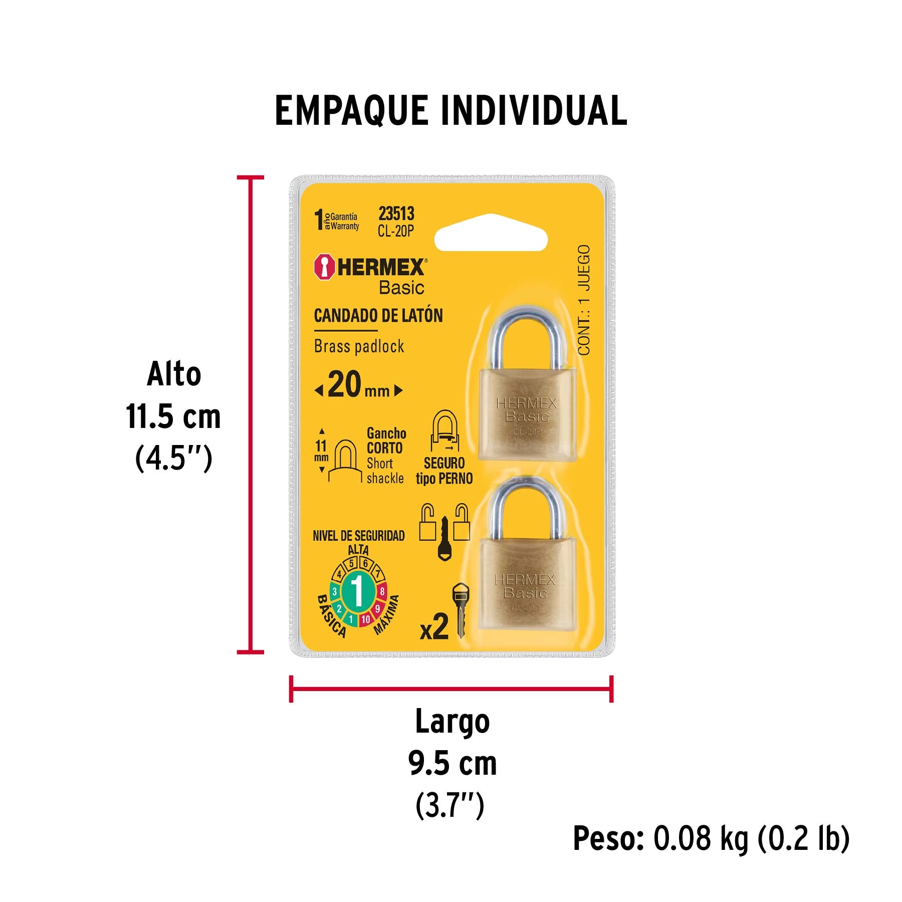 Candados de latón, 20mm, blister 2 piezas, Hermex Basic