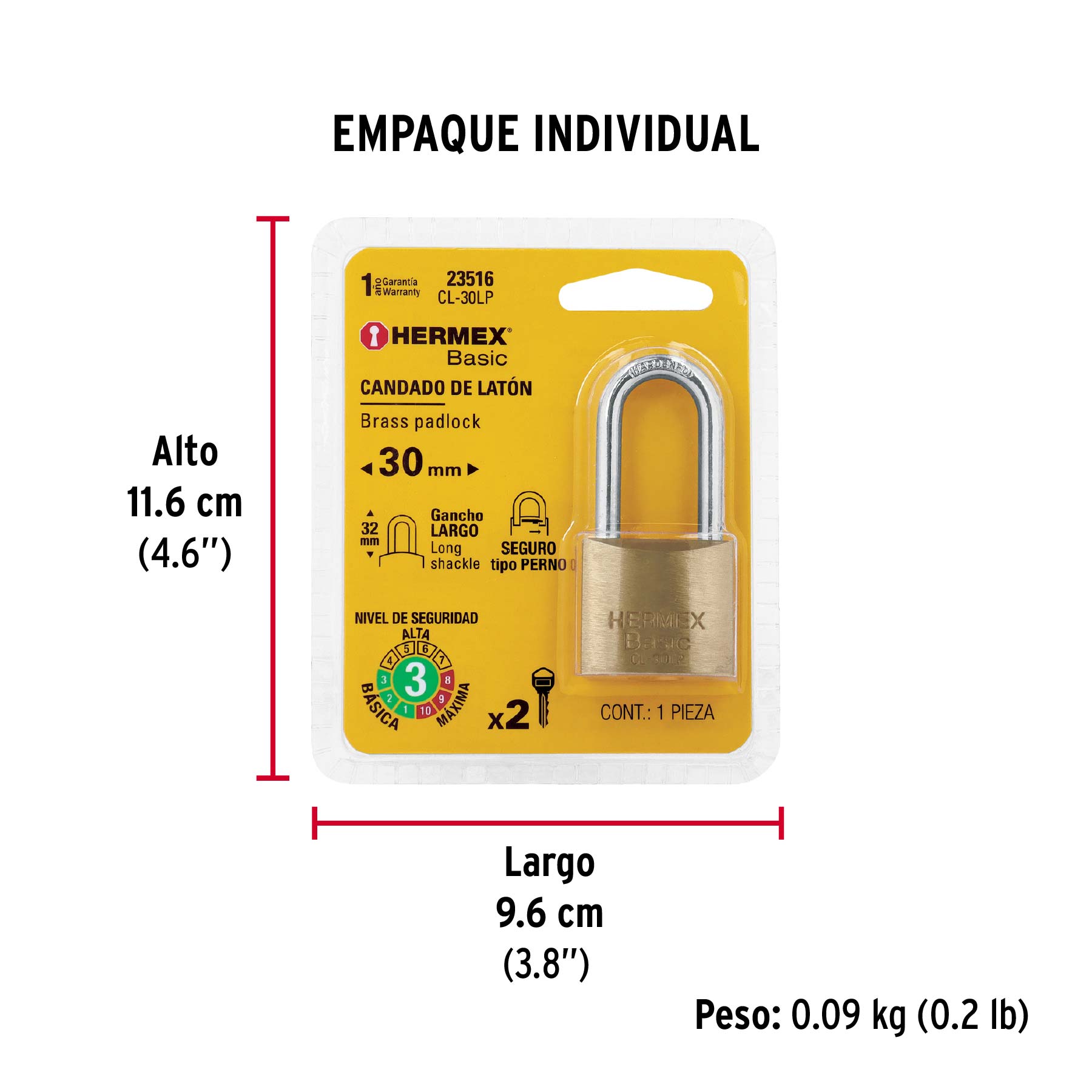 Candado de latón, 30mm, gancho largo, blister, Hermex Basic
