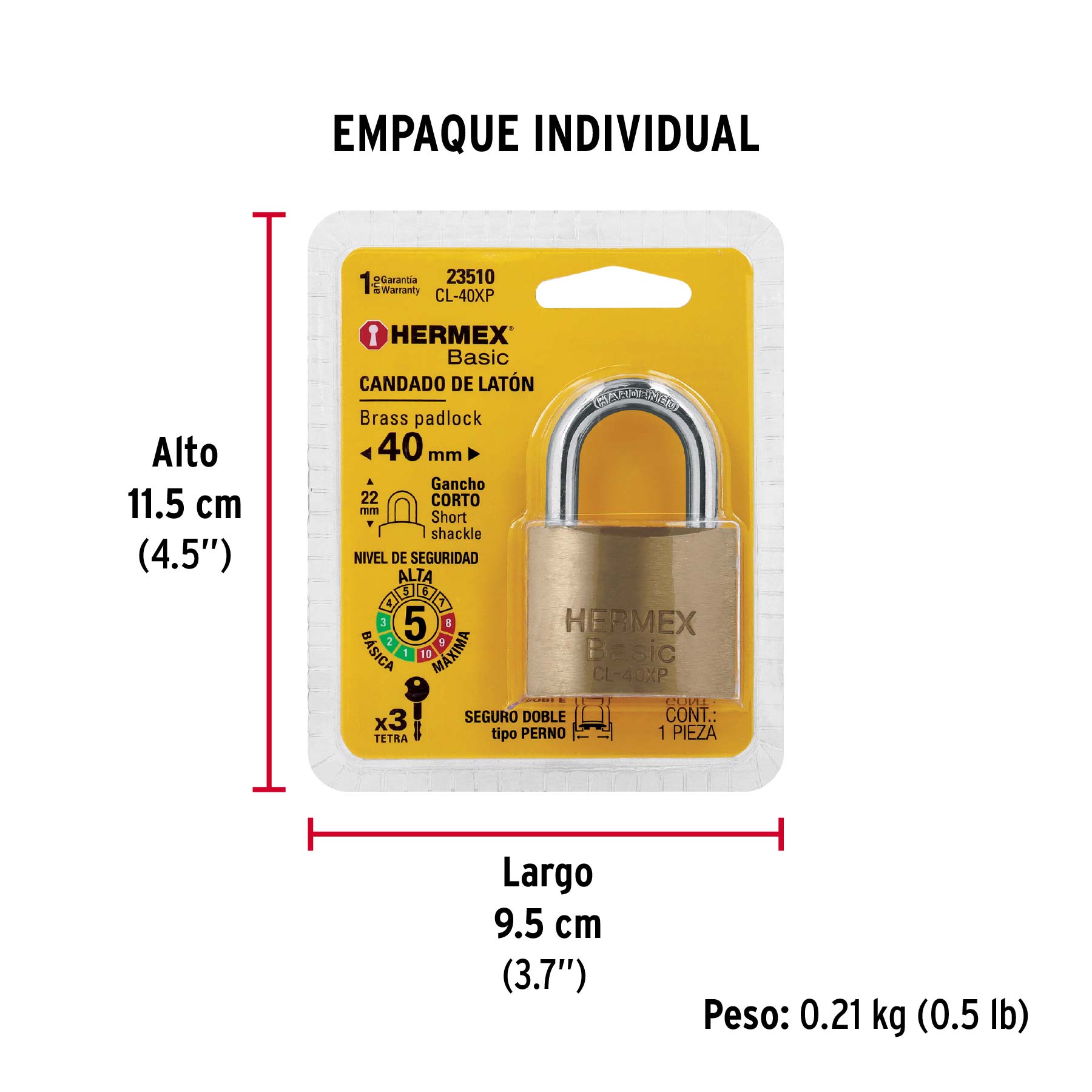 Candado de latón, 40mm, llave tetra, blister, Hermex Basic