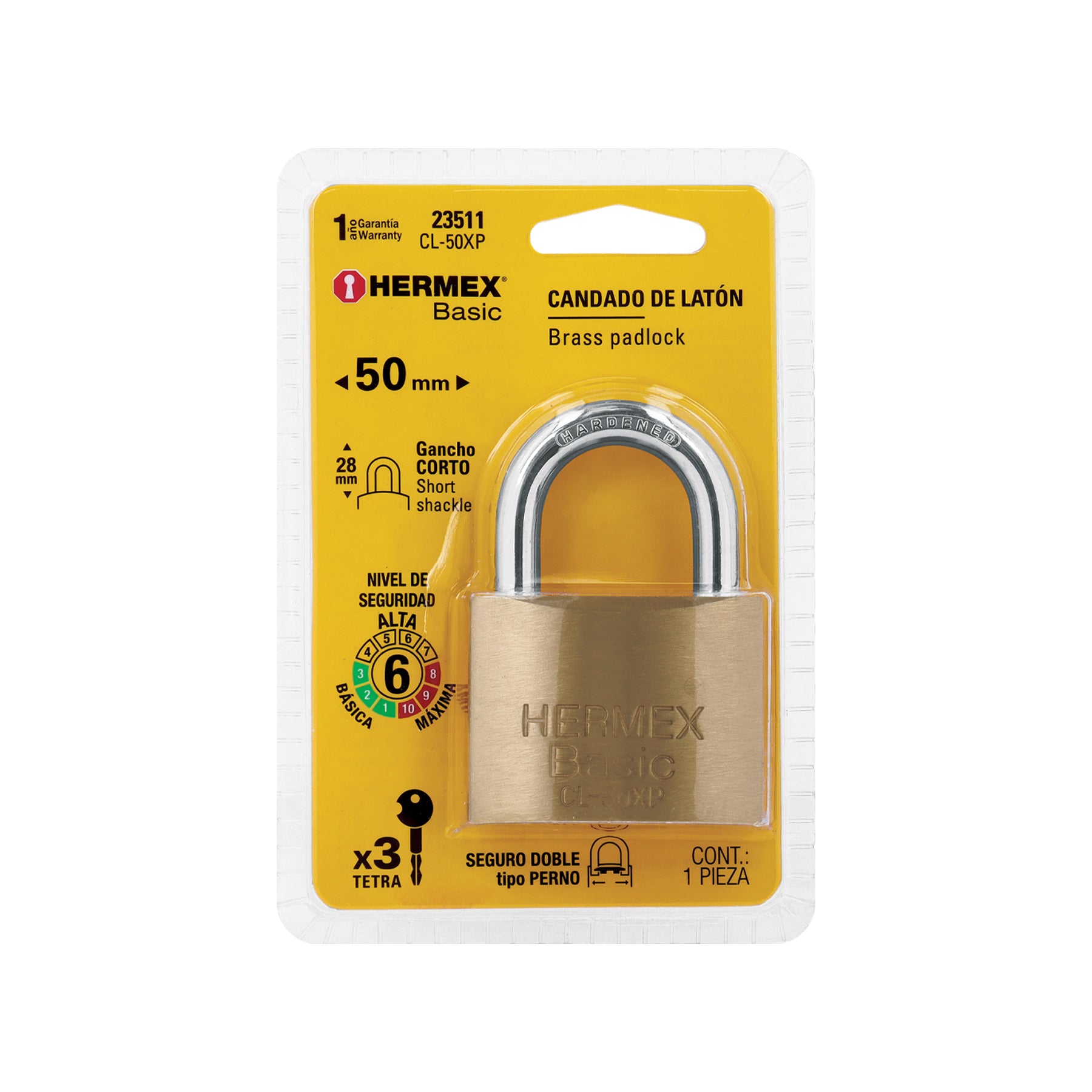 Candado de latón, 50mm, llave tetra, blister, Hermex Basic