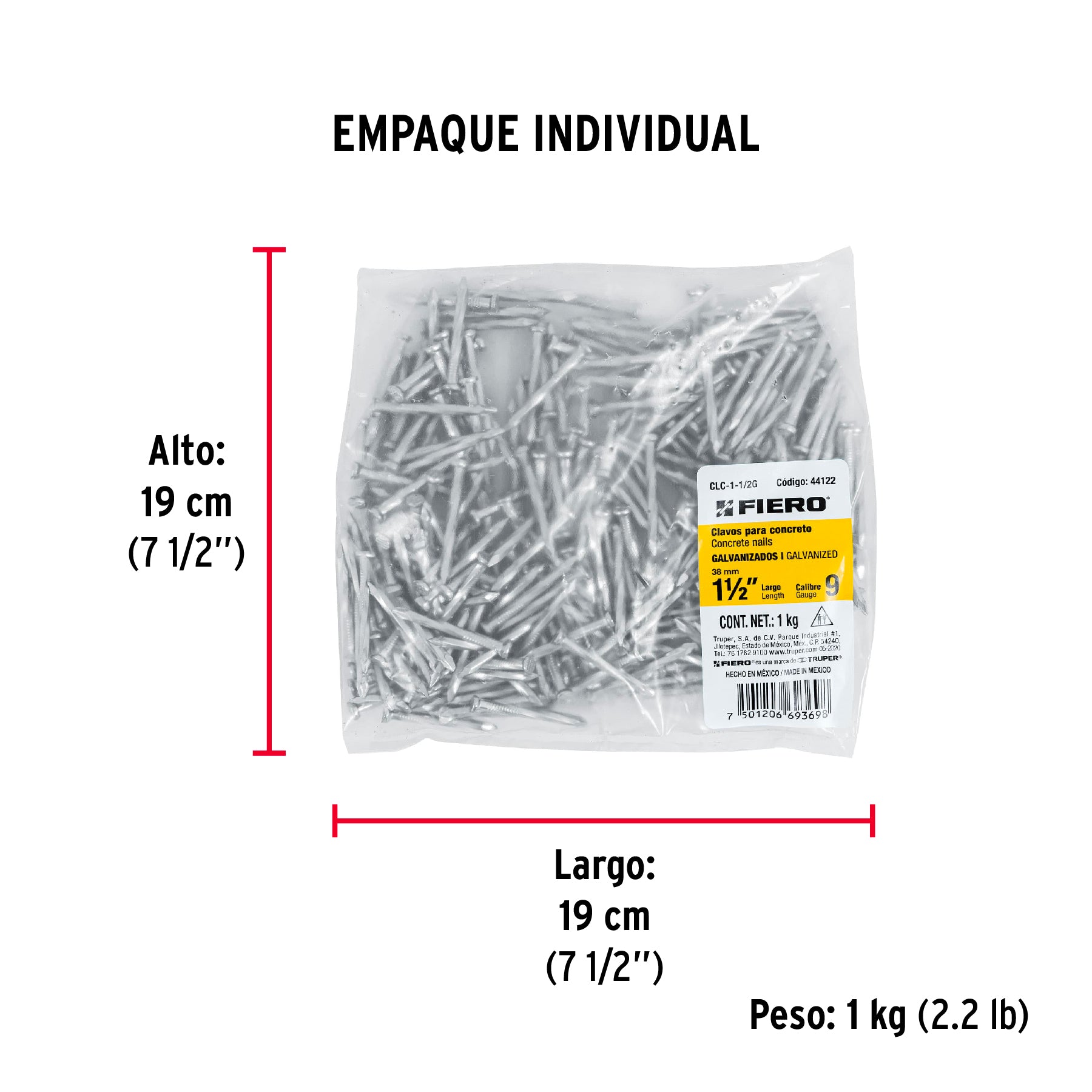 Clavo para concreto 1-1/2", galvanizado, caja de 1 kg