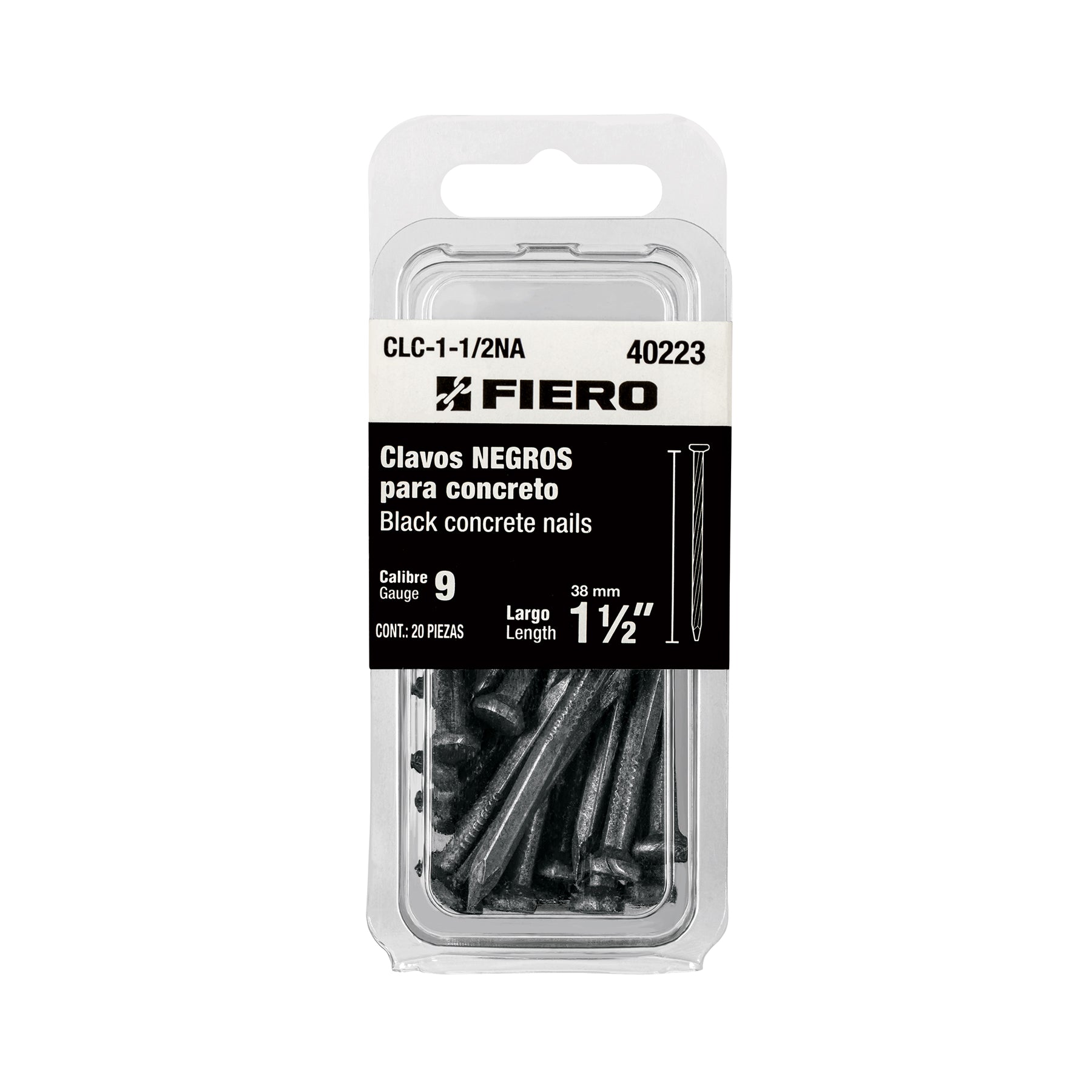 Blíster con 20 clavos negros para concreto 1-1/2', Fiero