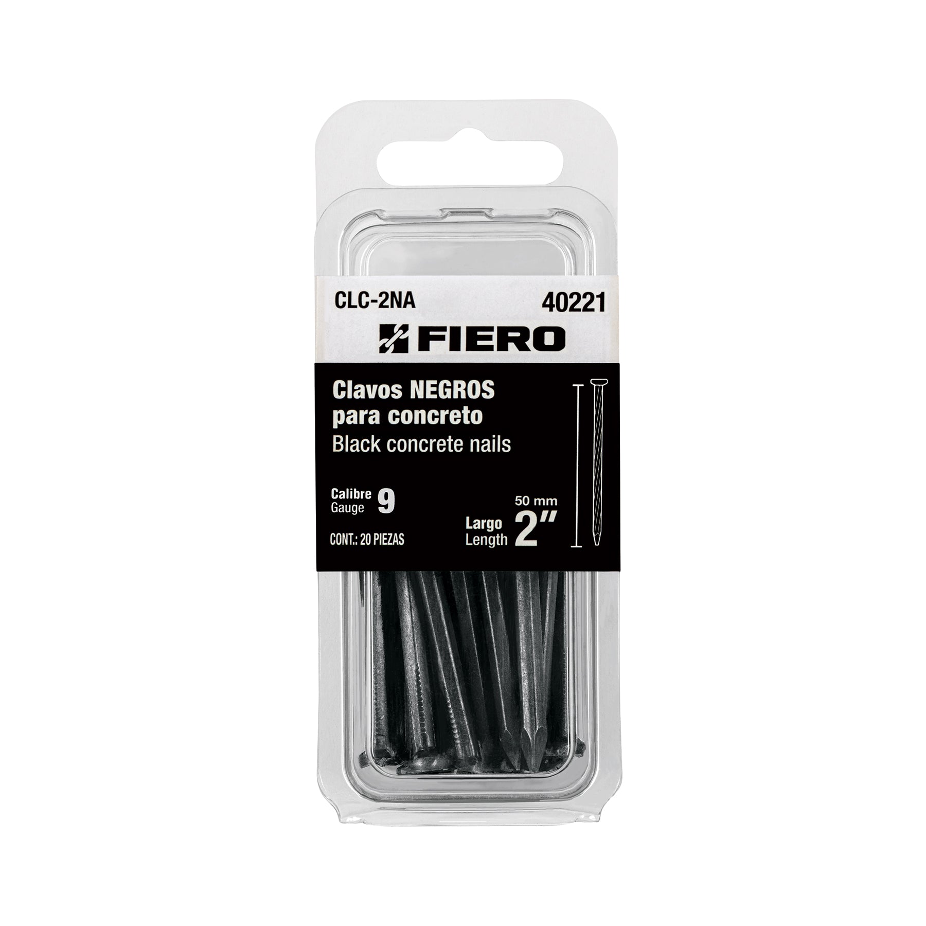 Blíster con 20 clavos negros para concreto 2', Fiero